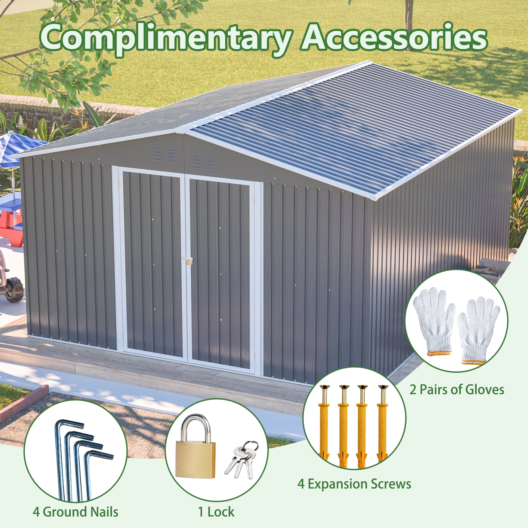 LZBEITEM Outdoor Storage Metal Shed, Galvanized Steel Garden Tool House with Floor Frame Kit and Lockable Doors (Gray, 11 x 13 ft) rda6a