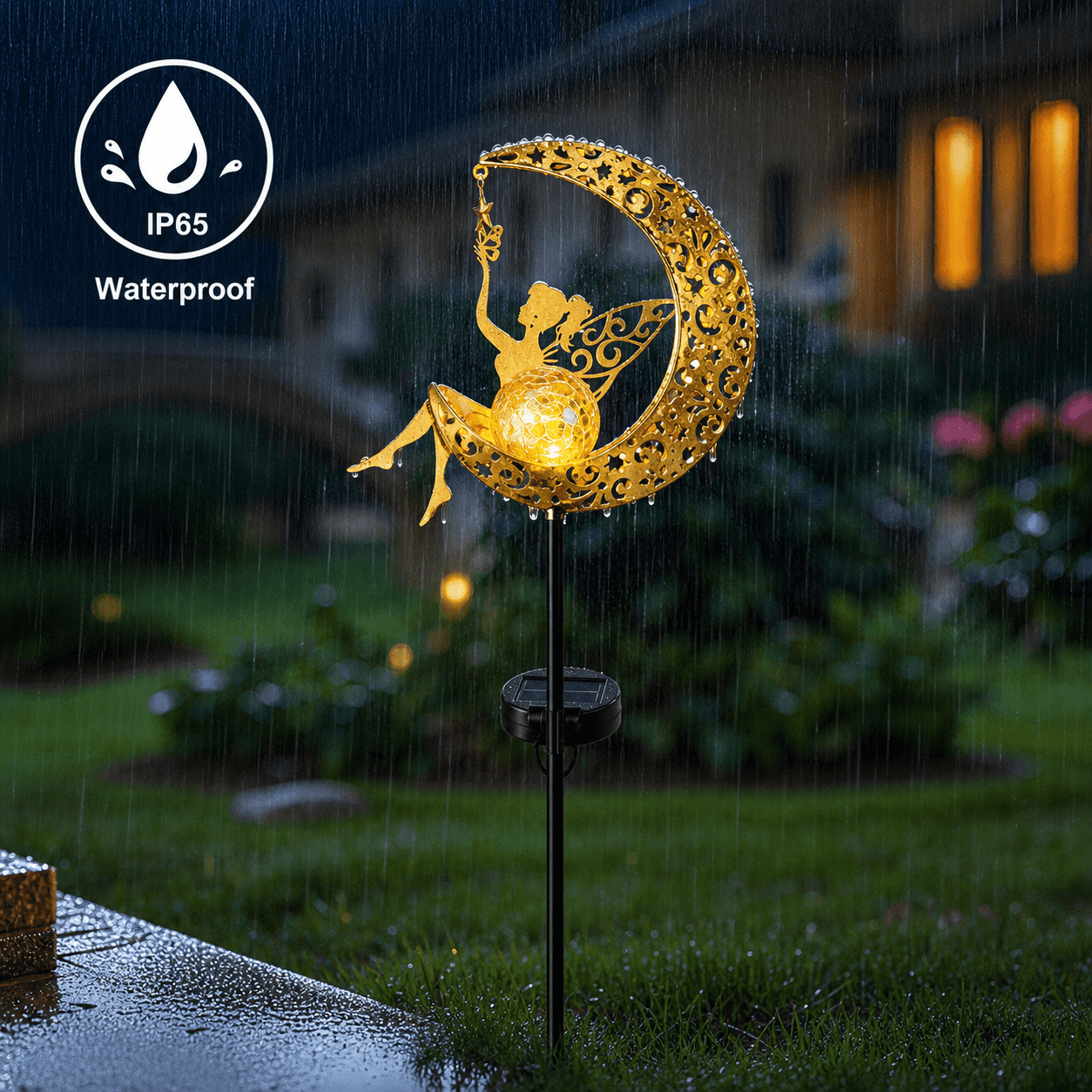 Mehoom Moon Fairy Solar Garden Lights, Decorative Outdoor Pathway Lighting (Gold, 32 in) nv92e