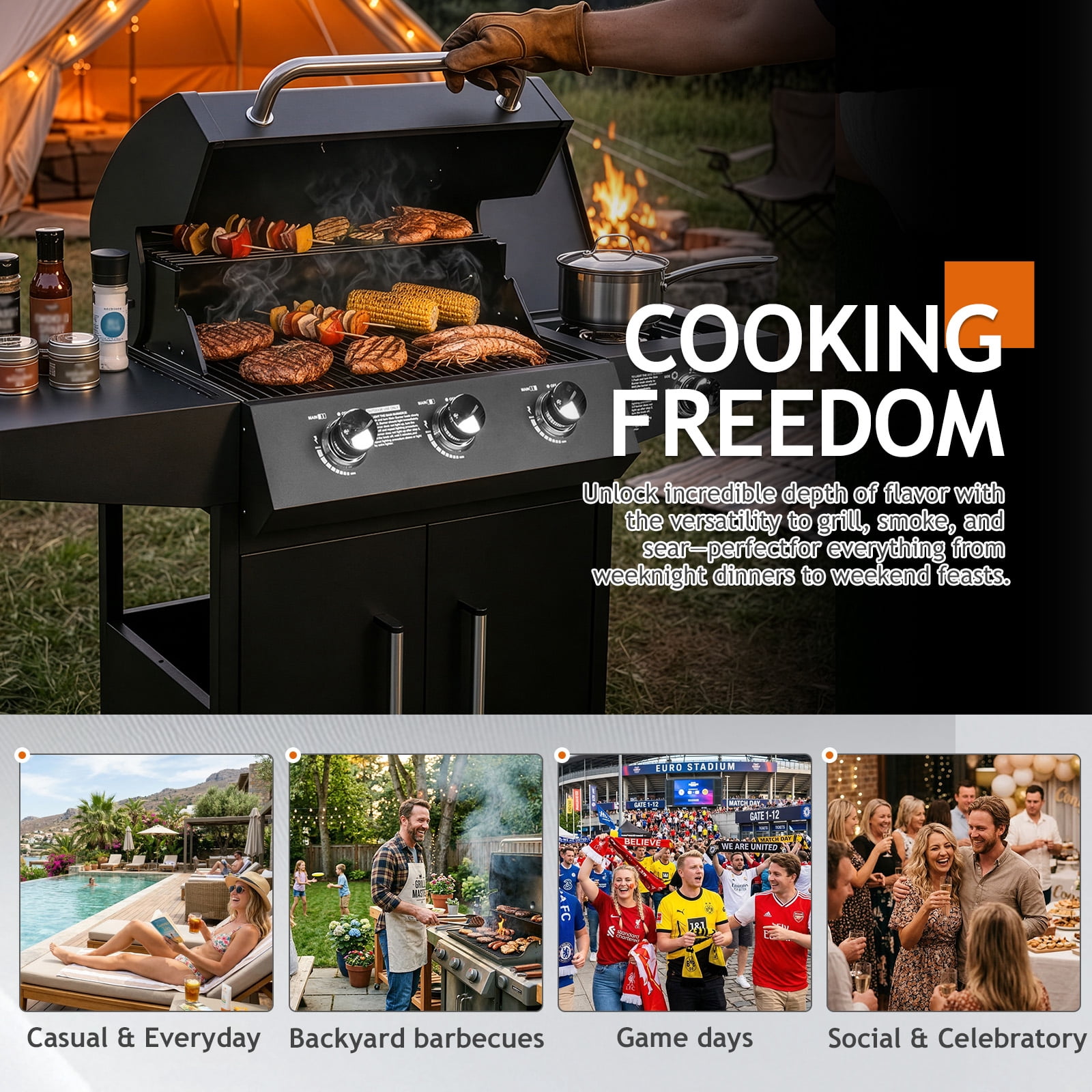 UBesGoo 3-Burner Propane Gas Grill with Side Burner (Black, 46000 BTU) qi2i0