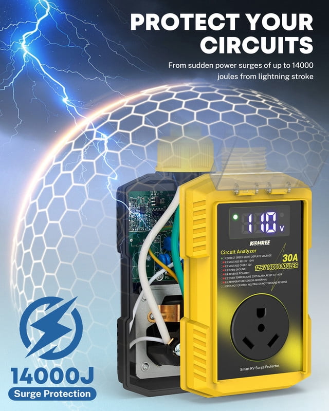 Kohree 30 Amp RV Surge Protector (14000 Joules, Waterproof Voltage Guard with LED Display, Yellow, 1 Pack) dyfs8