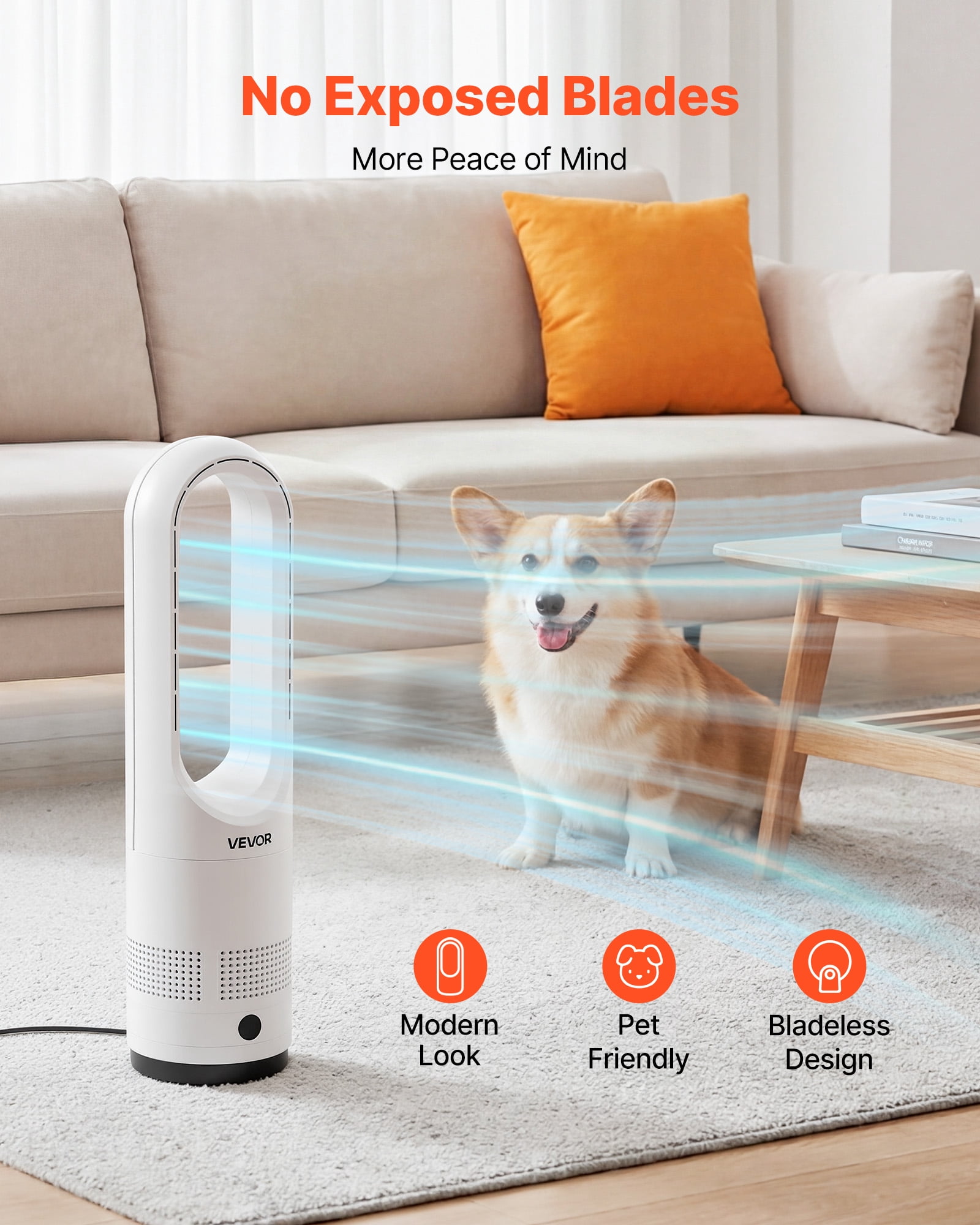 VEVOR Bladeless Tower Fan, Oscillating Standing Floor Fan with Remote, 8 Speeds, Quiet Air Circulator for Bedroom and Living Room (White) xv1w5