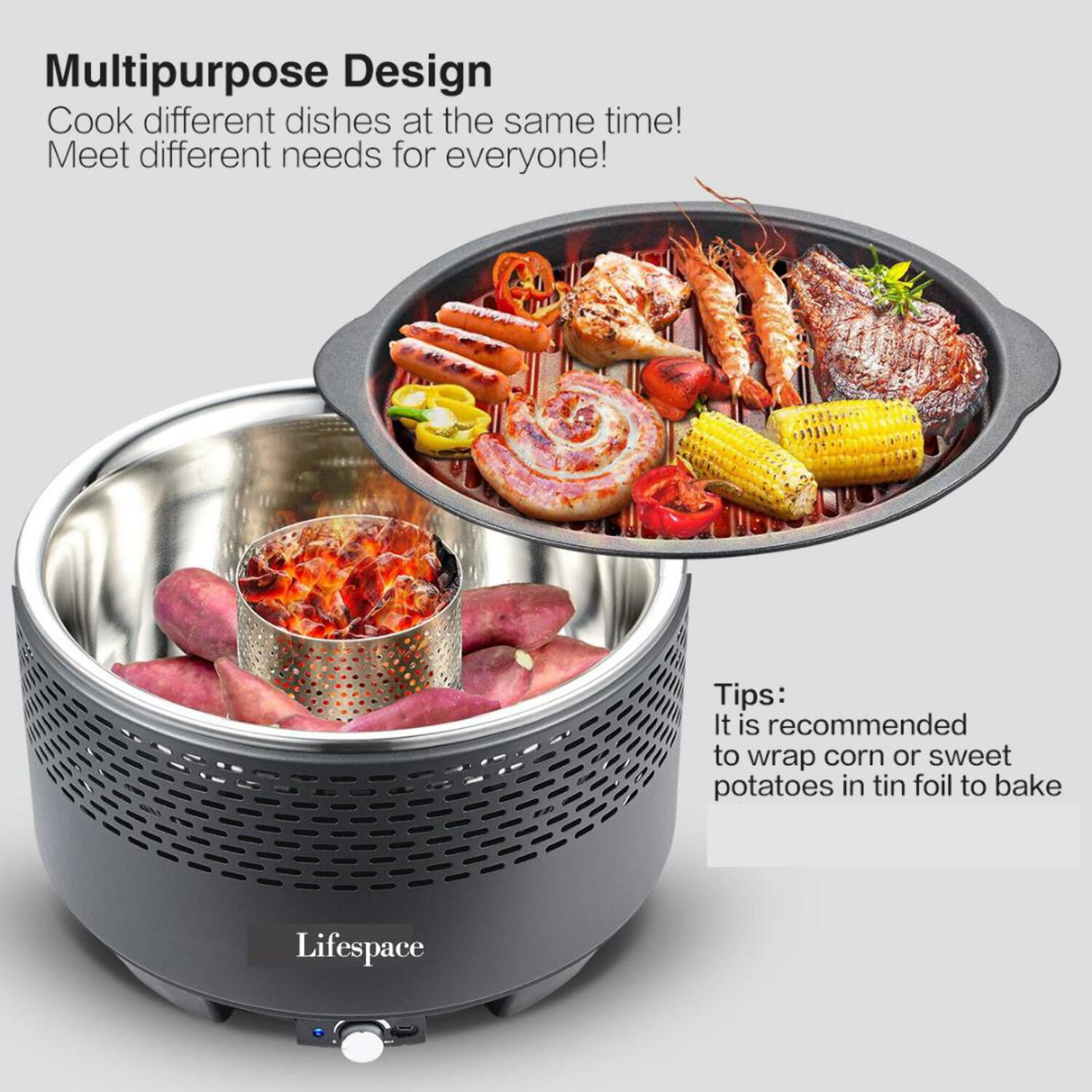 Lifespace Portable Charcoal Grill with Dome Lid and Carry Bag (Black, 13.78 in wide) 5rr91