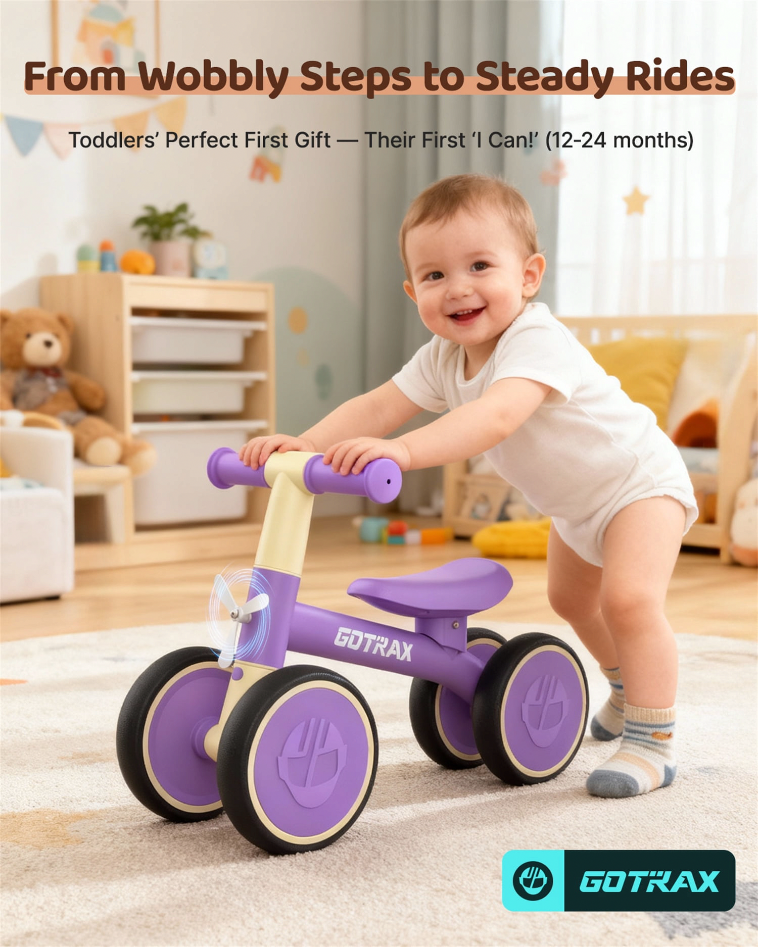 GOTRAX BA1 Baby Balance Bike 4-Wheel Ride-On Toy for Toddlers (Purple, 5.9 lb) rk5bj