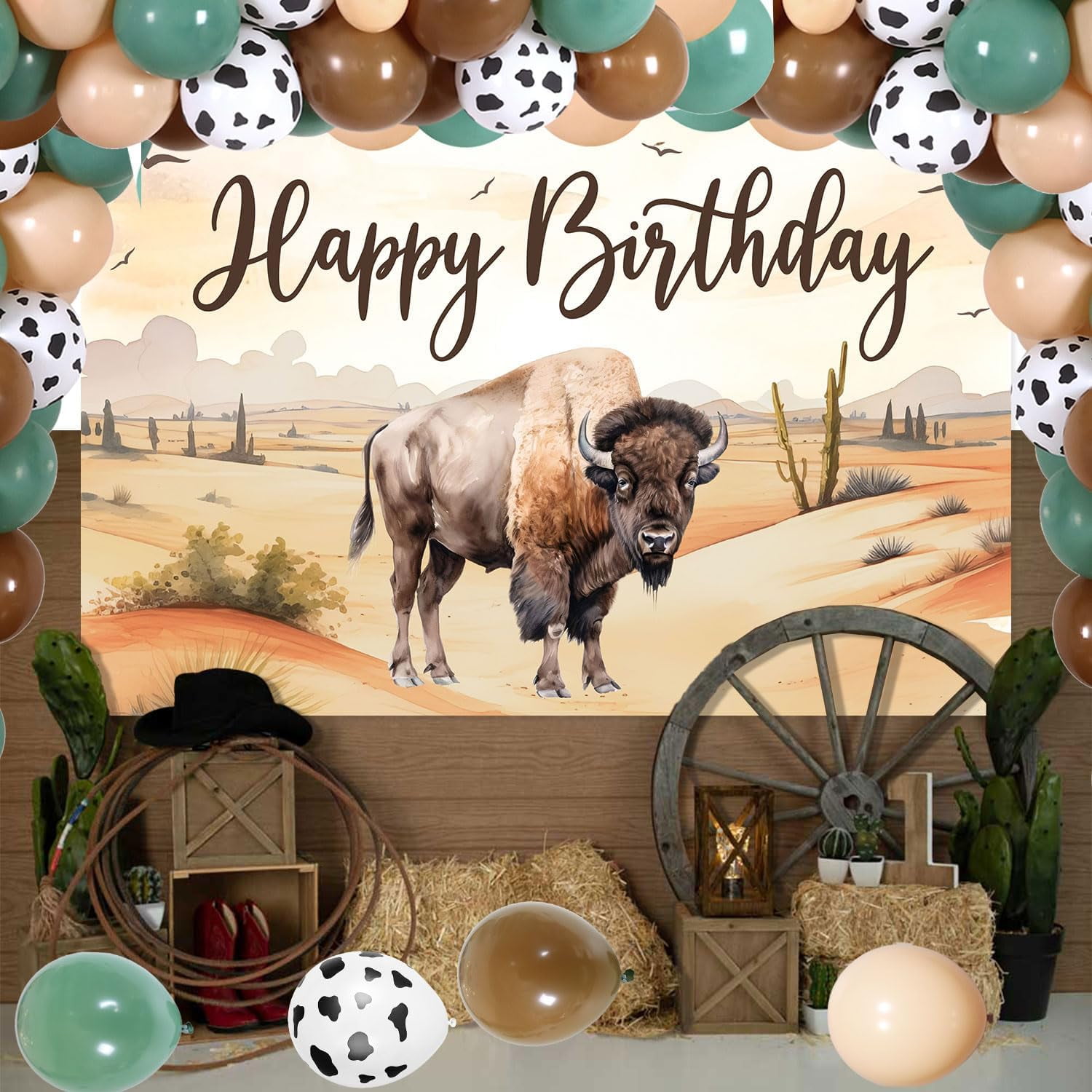 Kreatwow Buffalo Party Decorations Set, Bison Themed Birthday Backdrop and Balloon Garland Arch Kit (Brown and Green, 66 Pieces) z1l1s