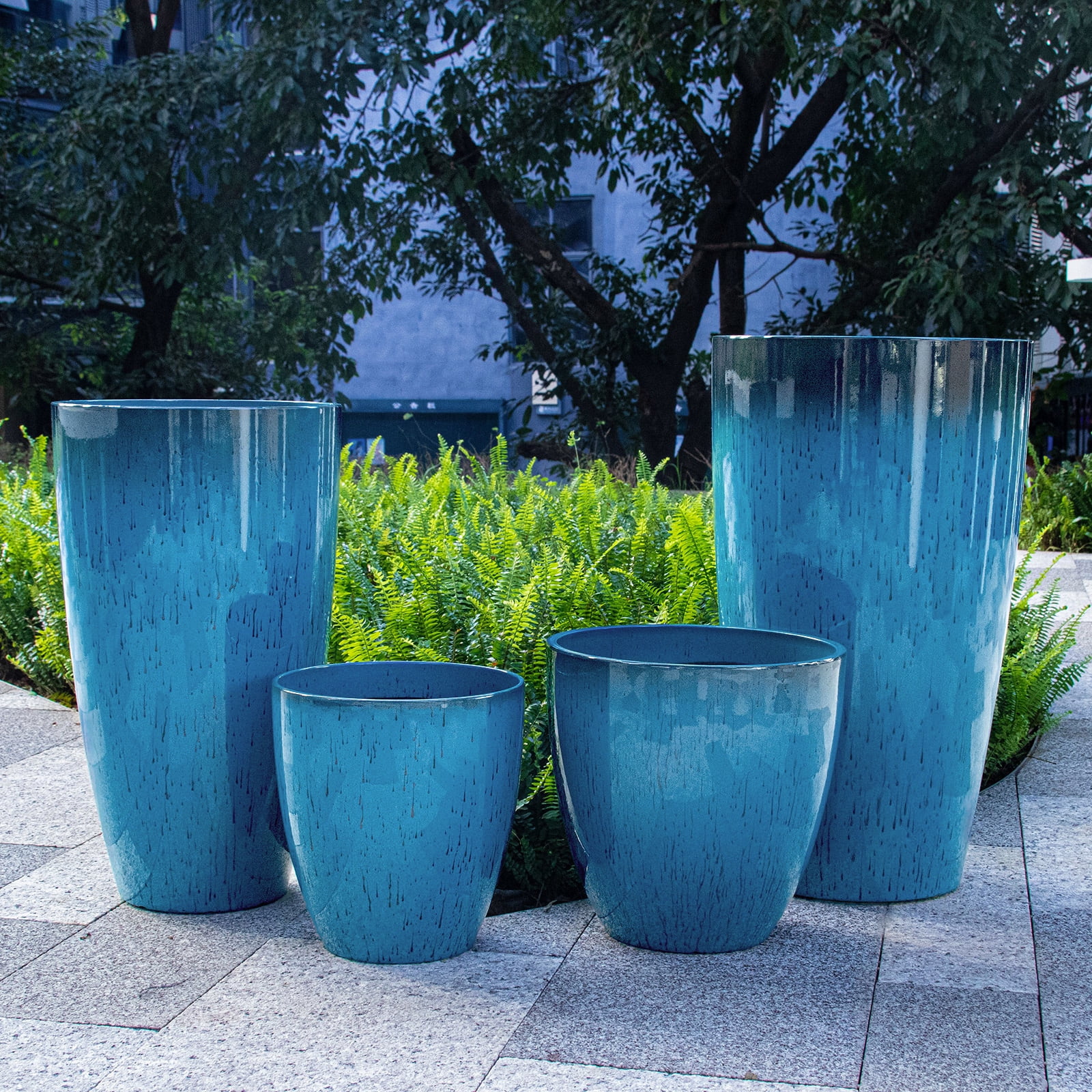 Fiason 4-Piece Tall Planter Set, Weatherproof Plastic Flower Pots with Drainage Holes and Mesh Filter (Blue, 24 in, 21 in, 12 in, 10 in) 1fcjk