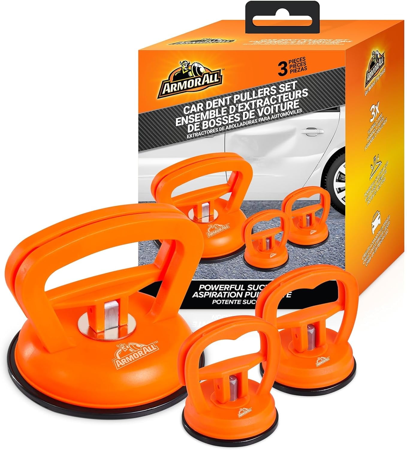 Armor All Dent Puller Set (Heavy-Duty Suction Cup Repair Tool, 3-Pack, Orange, 55 lb Capacity) jq97m