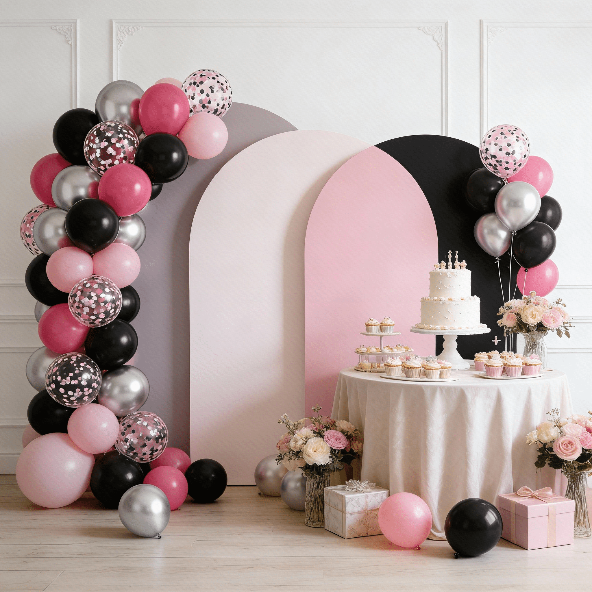Qiameng 50-Piece Balloon Arch Kit for Party Decorations (Hot Pink, Black, Metallic Silver, 12 in) 6b1gq