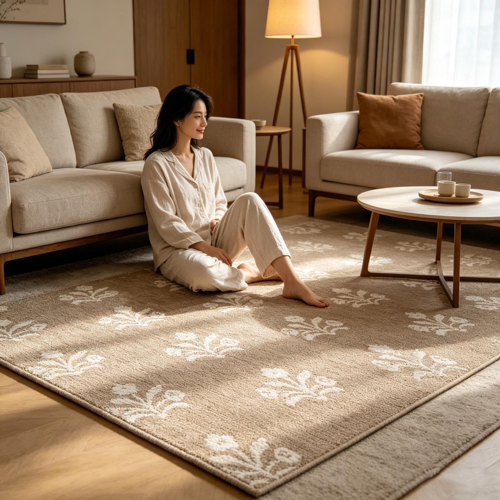FEOLGEHLY Indoor Outdoor Area Rug, Boho Floral Patio Mat, Weather Resistant Flatweave Carpet (Beige White, 36 in x 48 in) 3pfgh