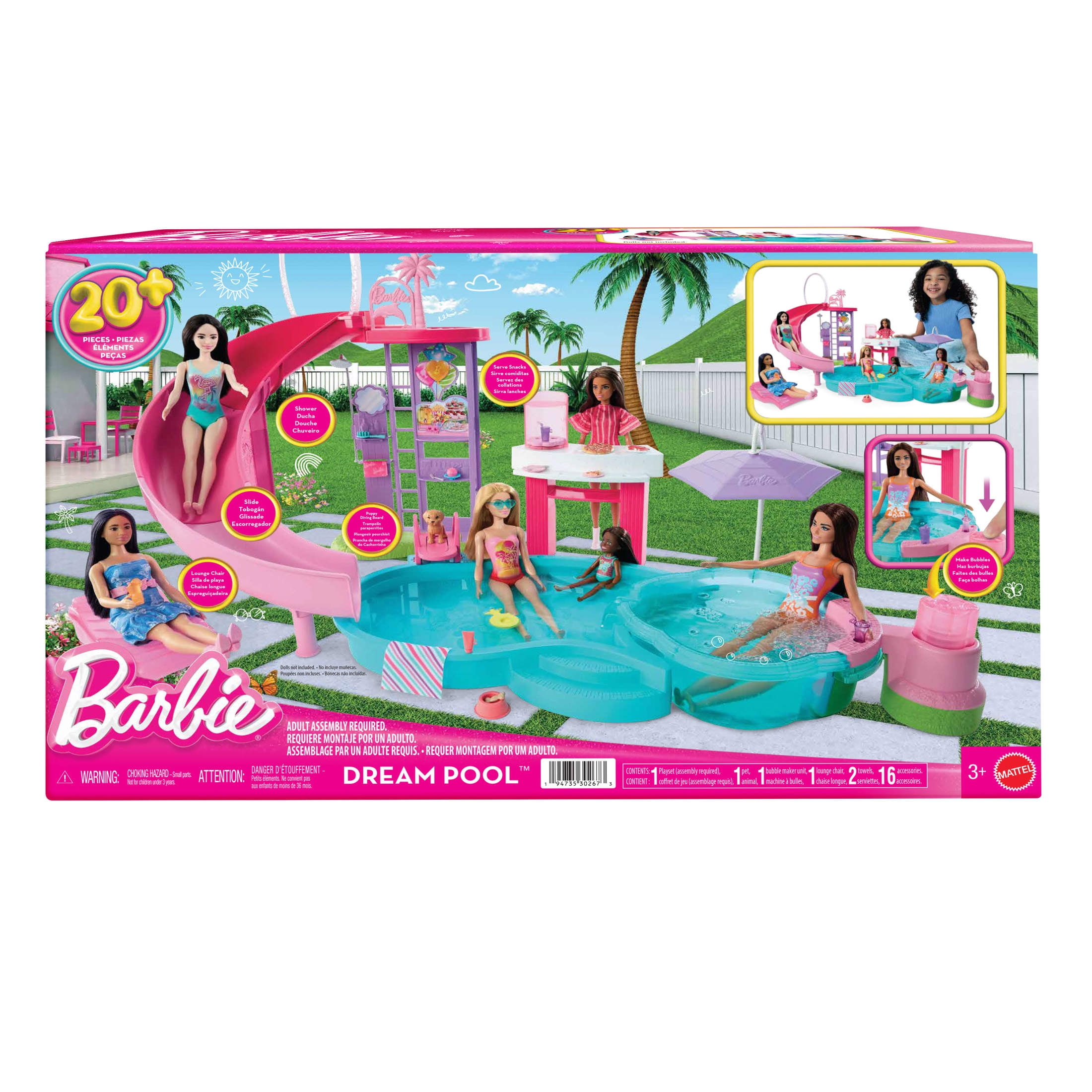 Barbie Dream Pool Playset with Slide and Bubbling Hot Tub (20+ Accessories, 1 Set) ji61y