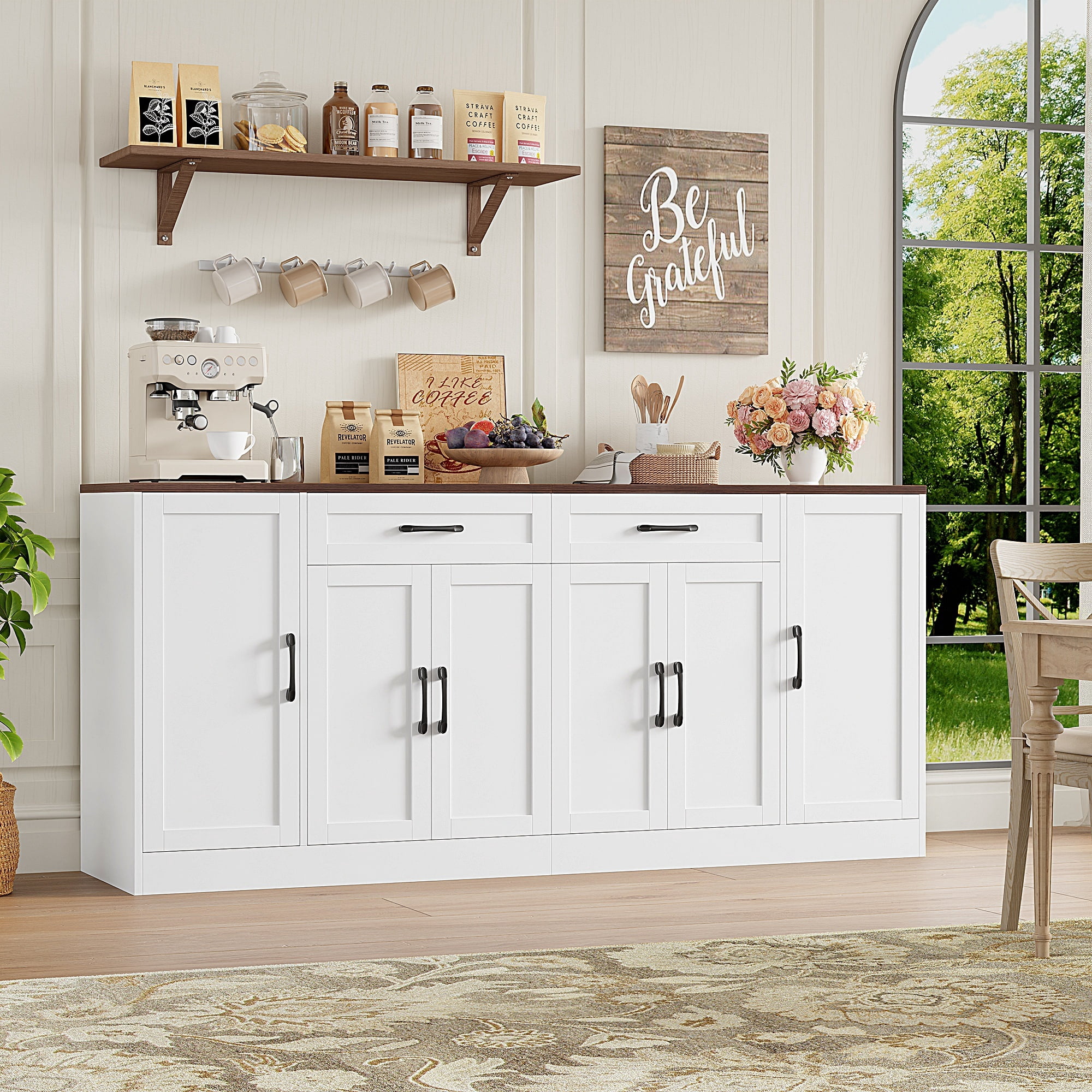 Hiphuta Modern Farmhouse Buffet Cabinet, Sideboard with 6 Doors and 2 Drawers for Kitchen and Dining Room (White, 70.87 in W x 15.75 in D x 34.25 in H) j9ays