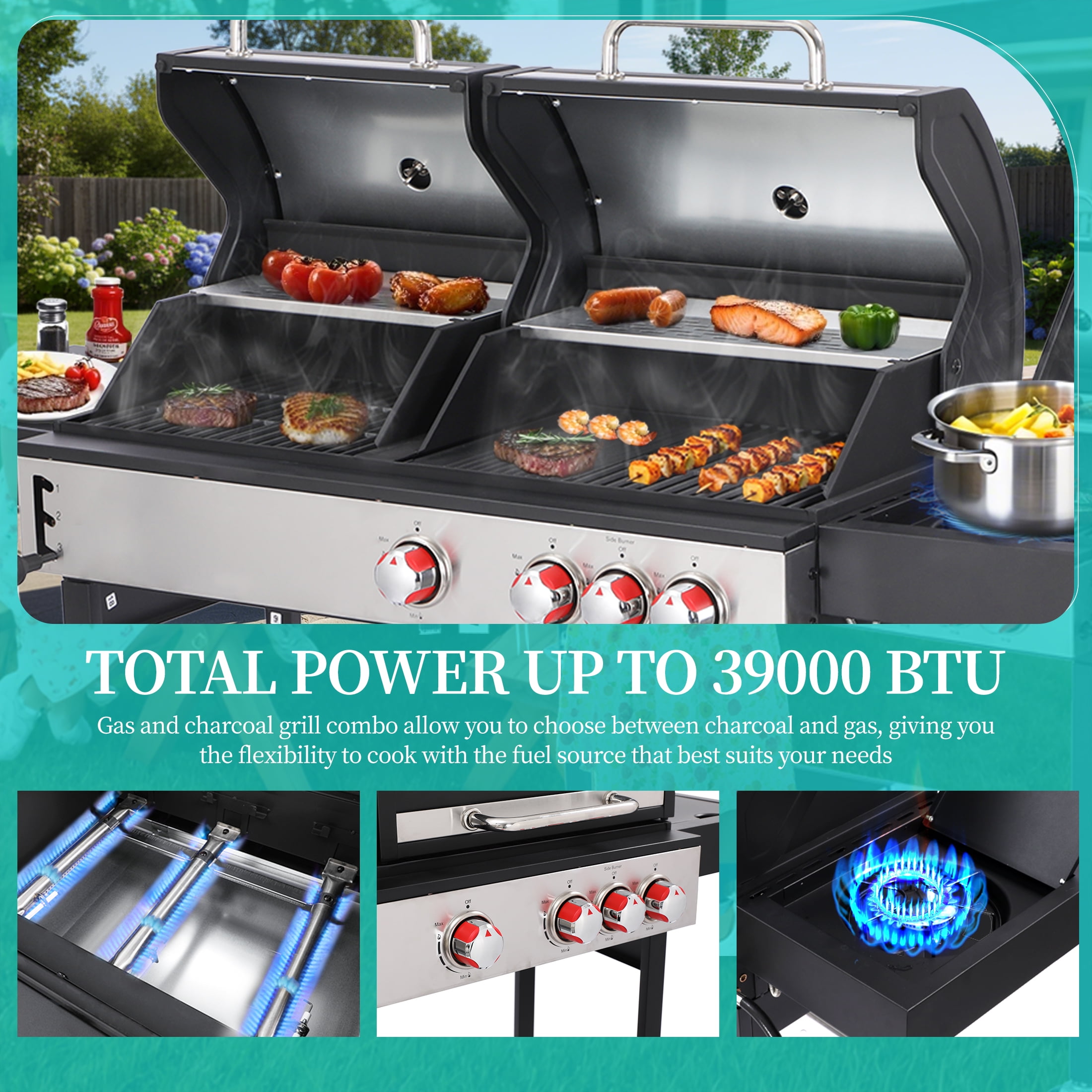 Garden It Dual Fuel Gas and Charcoal Combo Grill with Side Burner (Silver, 673 sq. in. Cooking Space) 1zav0