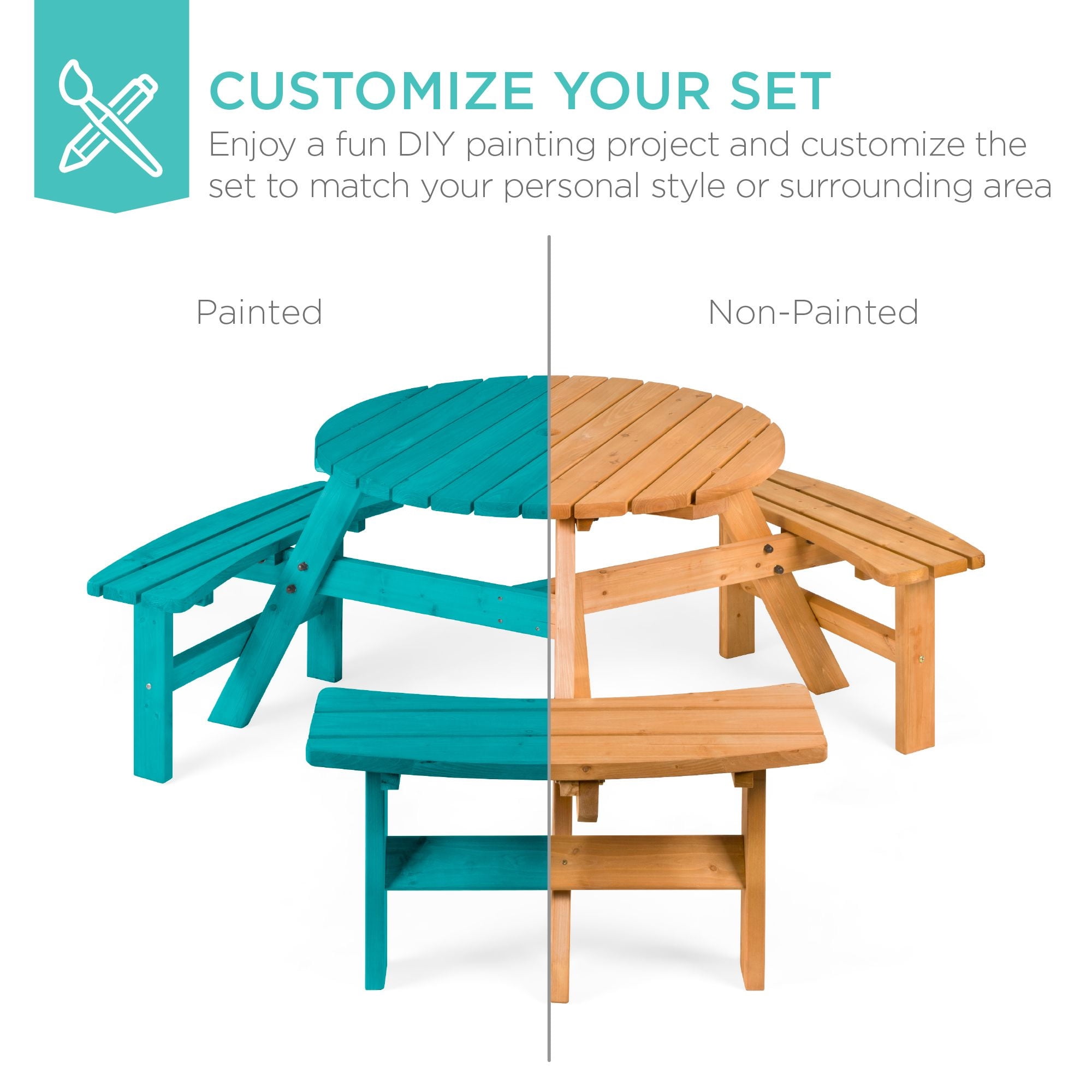 Best Choice Products Circular Outdoor Wooden Picnic Table with 3 Built-In Benches (Natural, 35 in Diameter) a1xwu