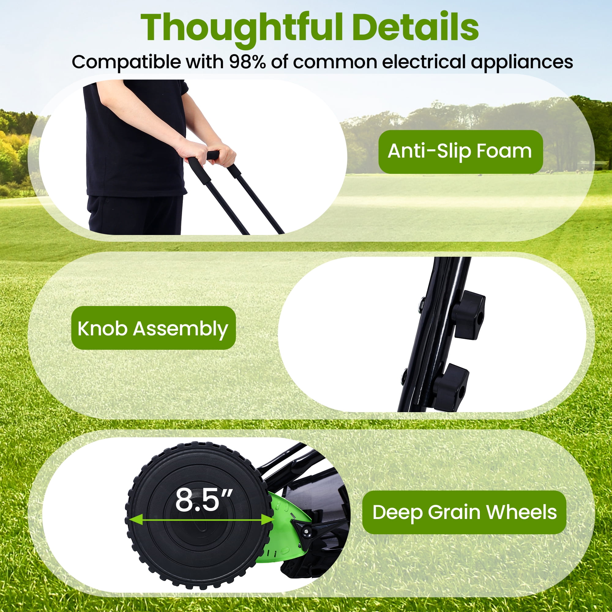 Seizeen 14-Inch Manual Reel Lawn Mower with Grass Catcher (5-Blade, Adjustable Height 0.6-1.8 in, Green) kbz66
