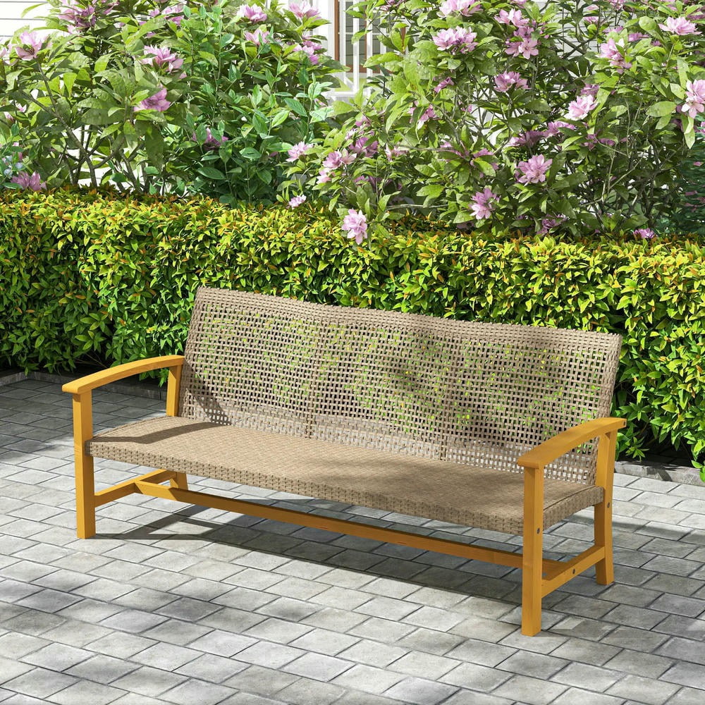 Barara King 3-Seat Outdoor Wicker Sofa, Acacia Wood Patio Couch with Steel Frame (Brown, 75 in) j0tuo