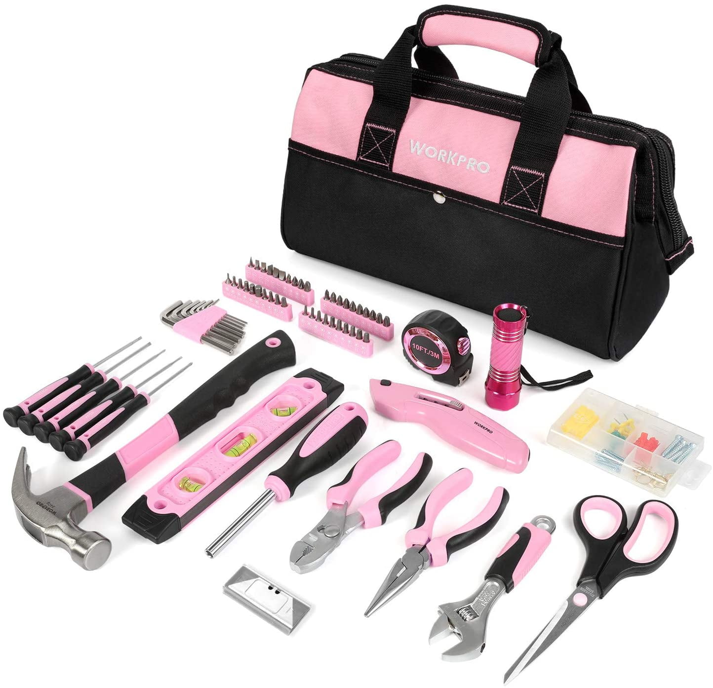 WORKPRO 106-Piece Home Repair Tool Set with Wide Mouth Storage Bag (Pink, 106-Piece) stzxt