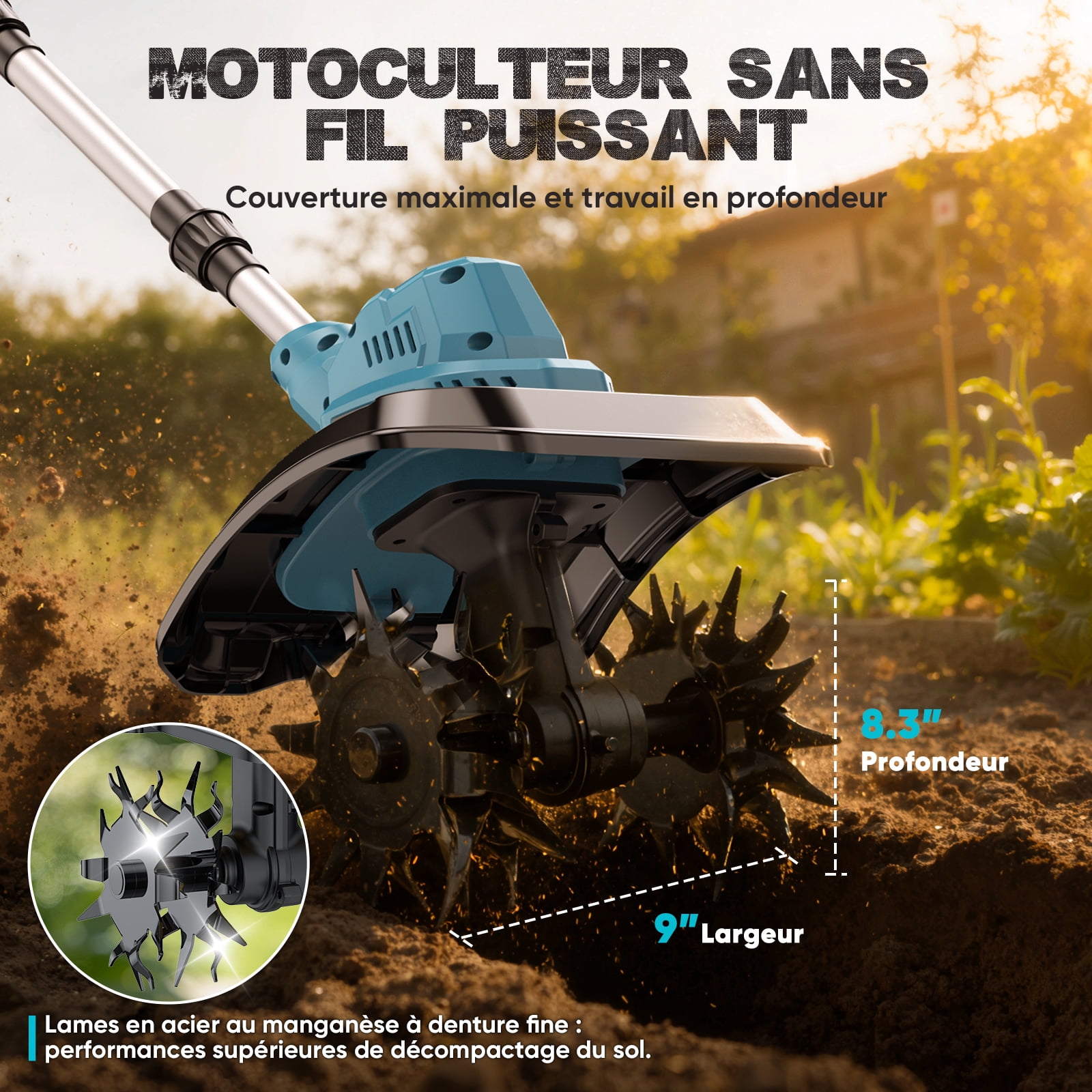 Gisam Cordless Electric Tiller Cultivator, High-Efficiency Garden Rototiller with Dual 4.0Ah Batteries, Adjustable Foldable Handle (9 in Width, 8.3 in Depth) k5ddl
