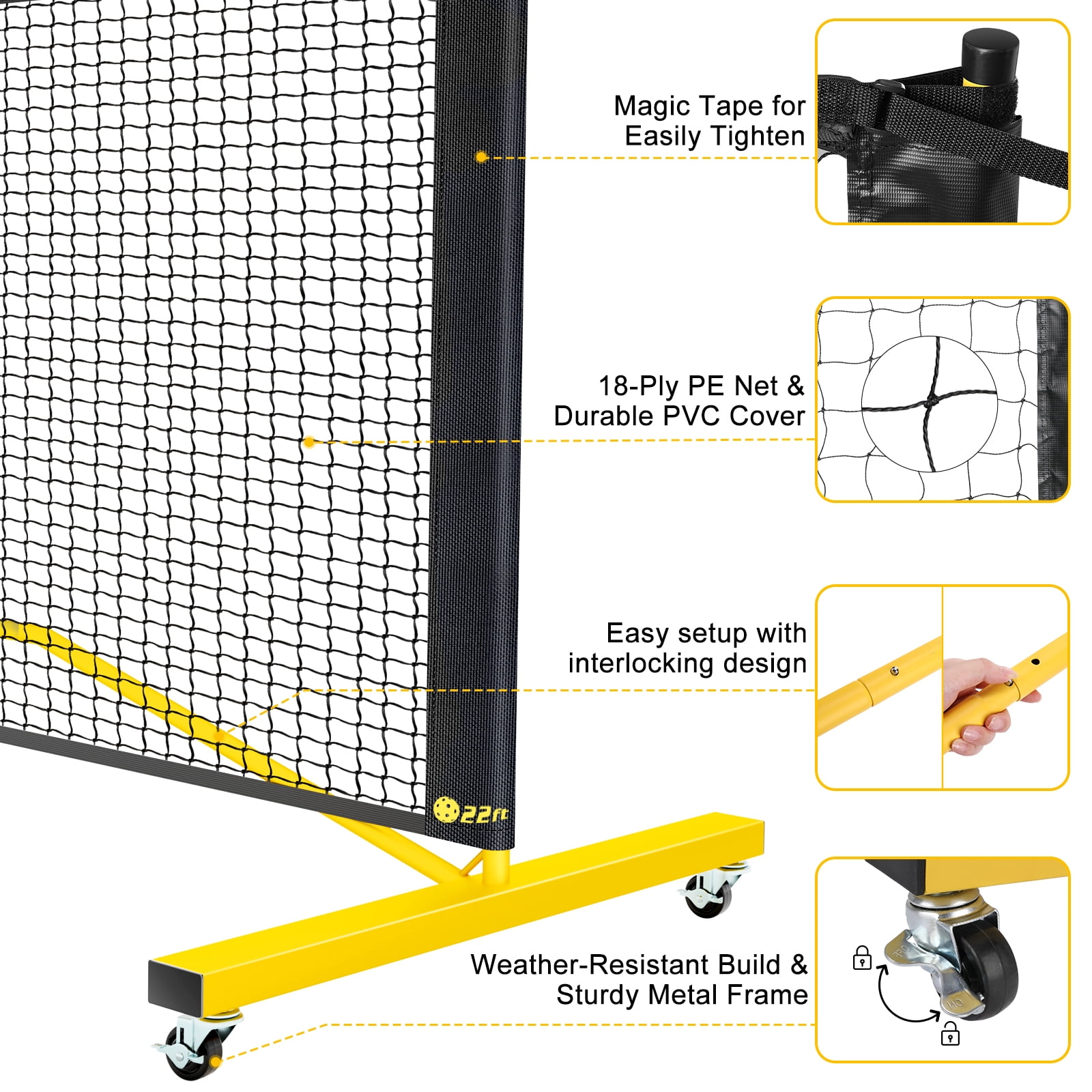 GIKPAL Portable Pickleball Net System with Wheels, Adjustable 22 ft and 11 ft Width (Yellow, 22 ft) 0638z