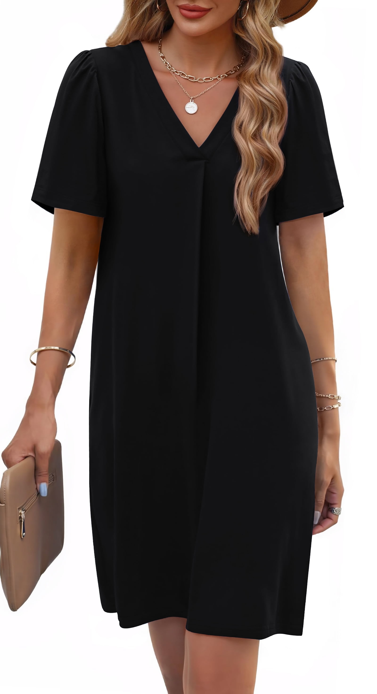Fantaslook Women's Summer Casual Shift Dress V Neck Short Sleeve with Pockets (Black, L) 1co4m