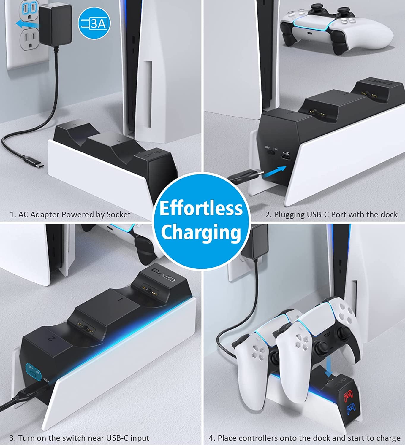 OIVO PS5 Controller Charging Station, Dual Dock for DualSense & Edge Controllers with AC Adapter (White, 1 Pack) 22pyb
