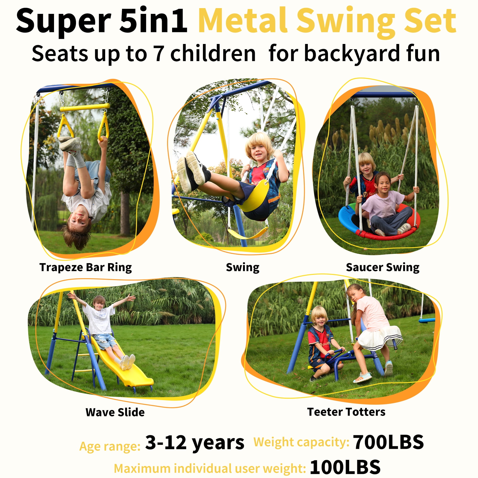 Fashionsport Outfitters Heavy-Duty Metal Swing Set for Backyard (Yellow, 700 lb Capacity) kwxke