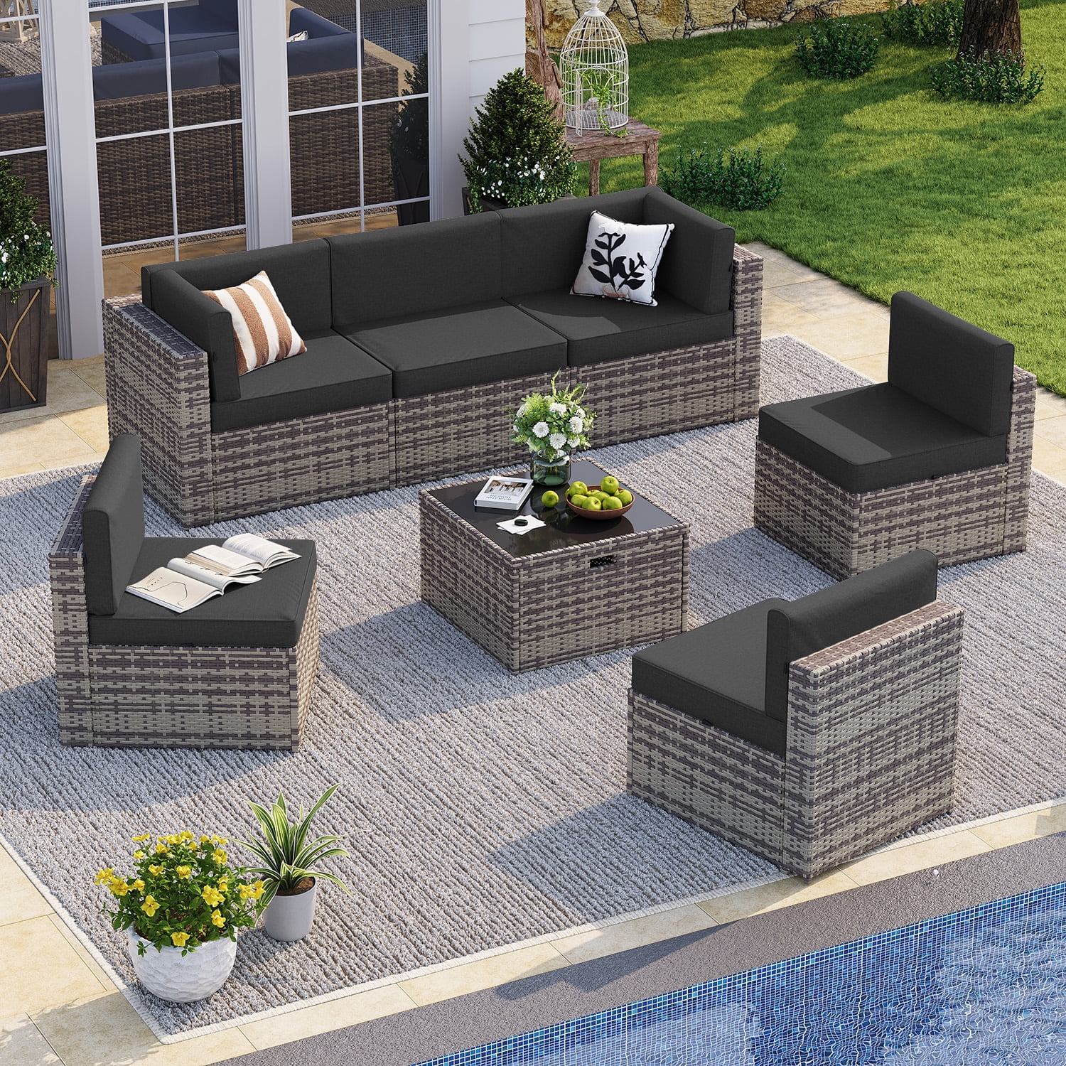 BaPiPro 7-Piece Outdoor Patio Furniture Set, Wicker Rattan Sectional Sofa with Coffee Table (Gray, 7-Piece Set) pti8t