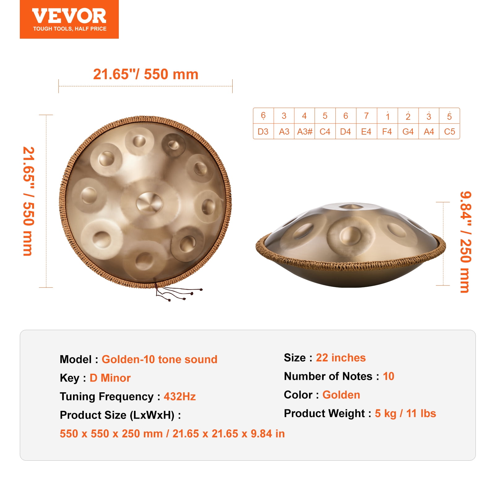 VEVOR Handpan Drum, 10 Notes D Minor Steel Percussion Instrument with Stand, Mallets, and Carry Bag (22 in) c4rm0