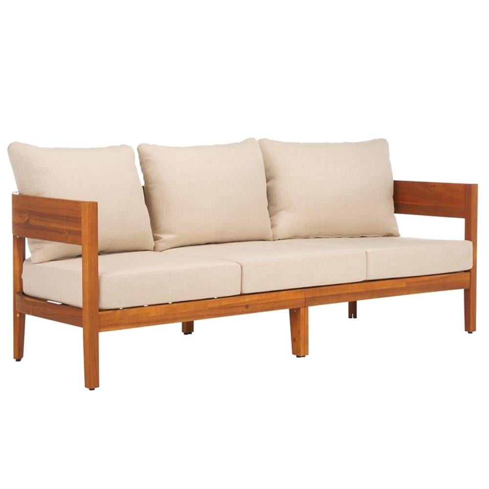 Pemberly Row Outdoor Teak Wood Sofa with Polyester Cushions (Natural/Taupe, 72 in) sf89j