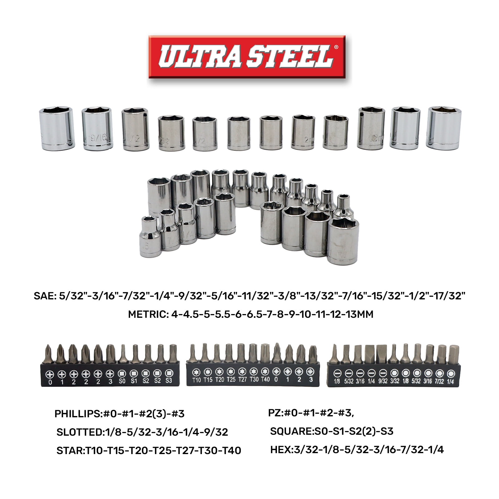 Ultra Steel 113-Piece Professional Mechanic Tool Set with Ratchet, Sockets, and Bits (113-Piece Set) c8i94