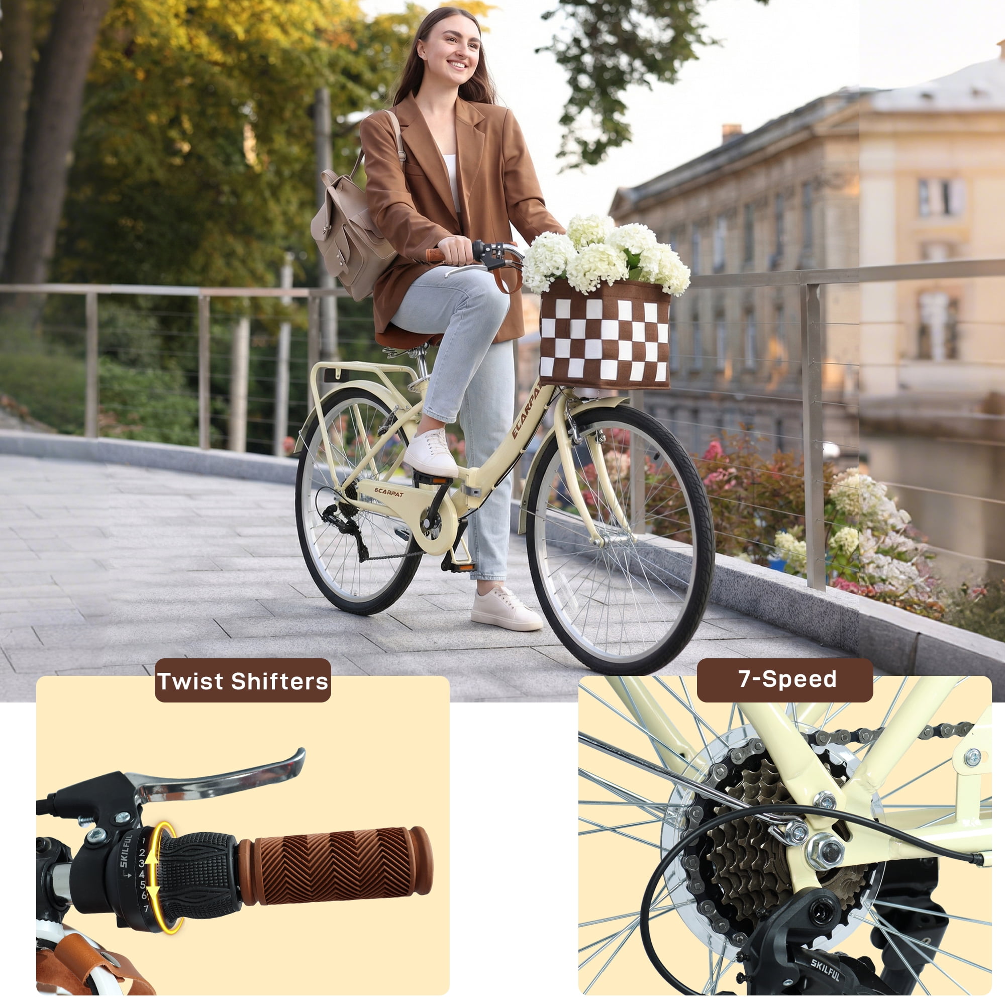 Tyethy 26-inch Womens Beach Cruiser Bike, 7-Speed Steel Frame City Bicycle (Beige, 26 in) 14zmv