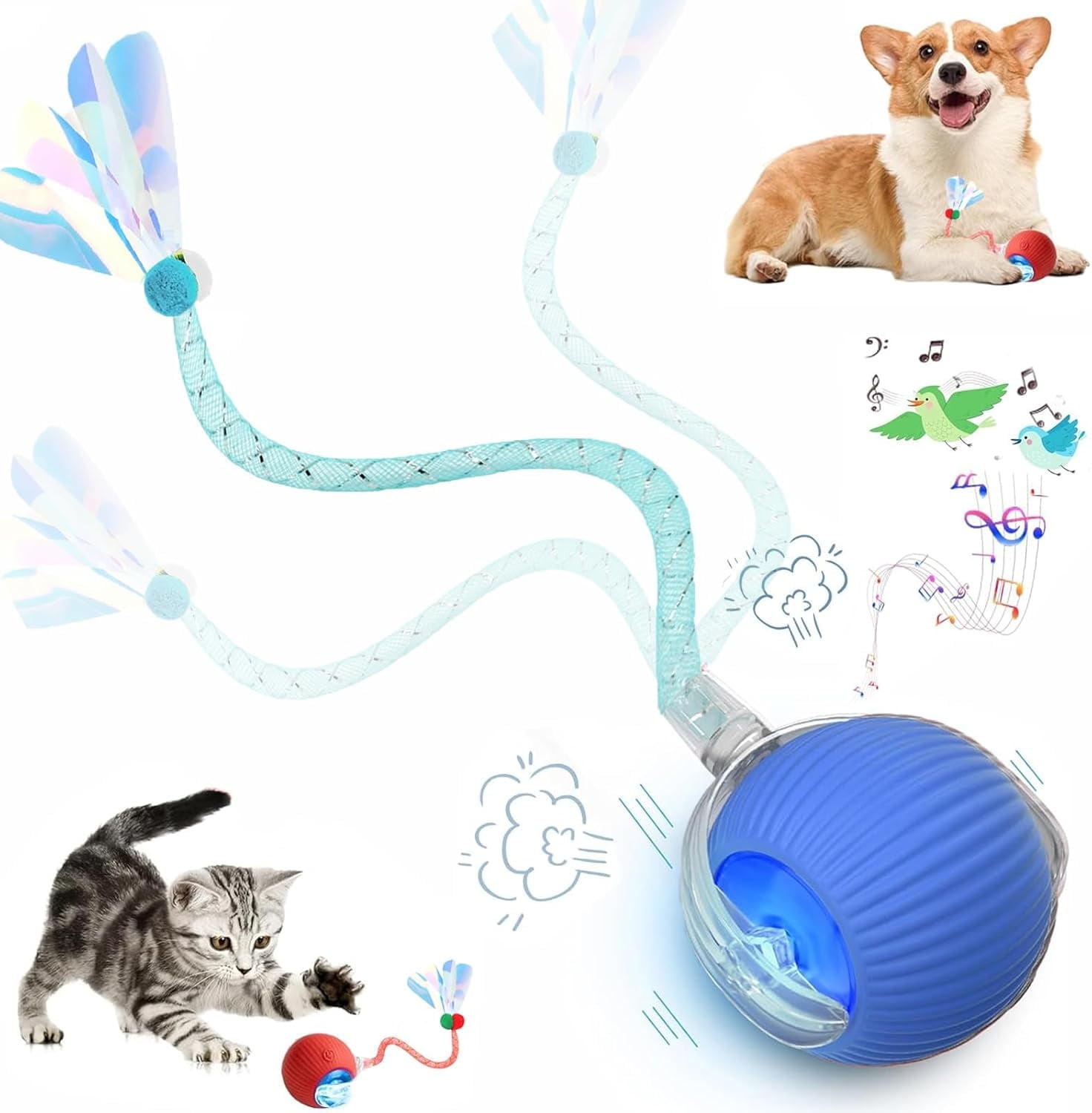 OEIKPFN Interactive Cat Toy Ball, Rechargeable Motion-Activated Pet Exercise Toy with Tail (Blue) 5oa0q