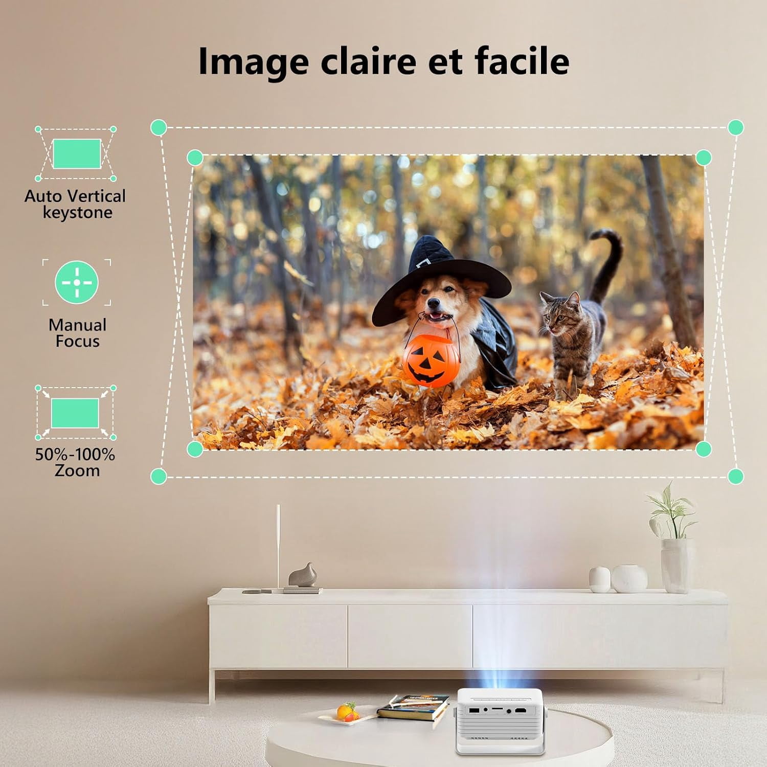 CocoBear Mini Projector, Native 720P Portable Movie Projector with 360° Rotating Stand, Auto Keystone & Zoom, Compatible with iOS Android HDMI USB (White) cyzdq