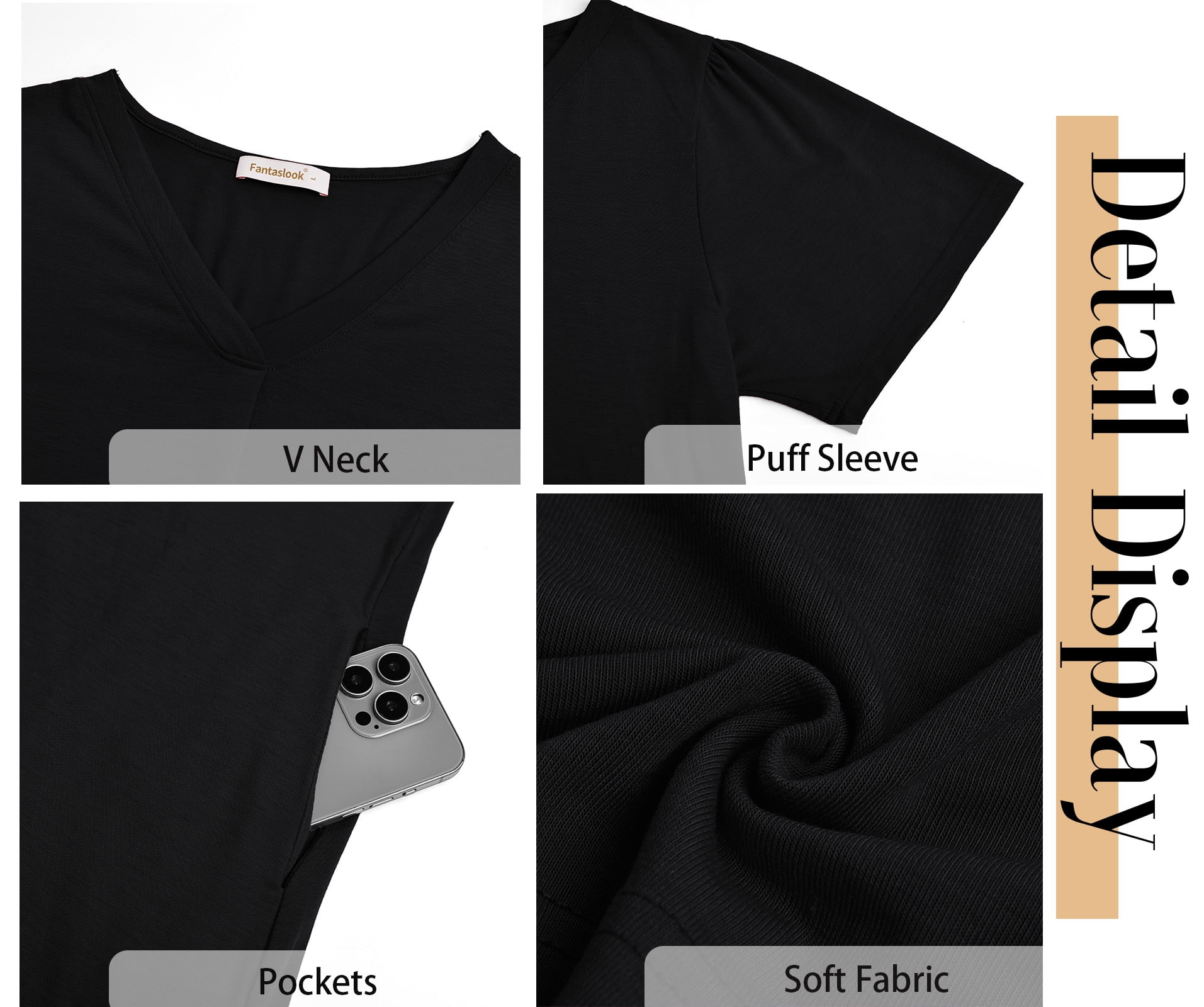 Fantaslook Women's Summer Casual Shift Dress V Neck Short Sleeve with Pockets (Black, L) 1co4m