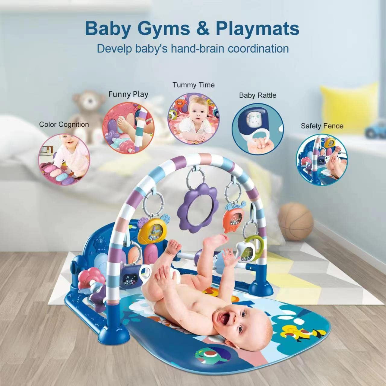 Babyeap 3-in-1 Baby Gym Play Mat with Musical Piano and Activity Center (Blue) xf61q