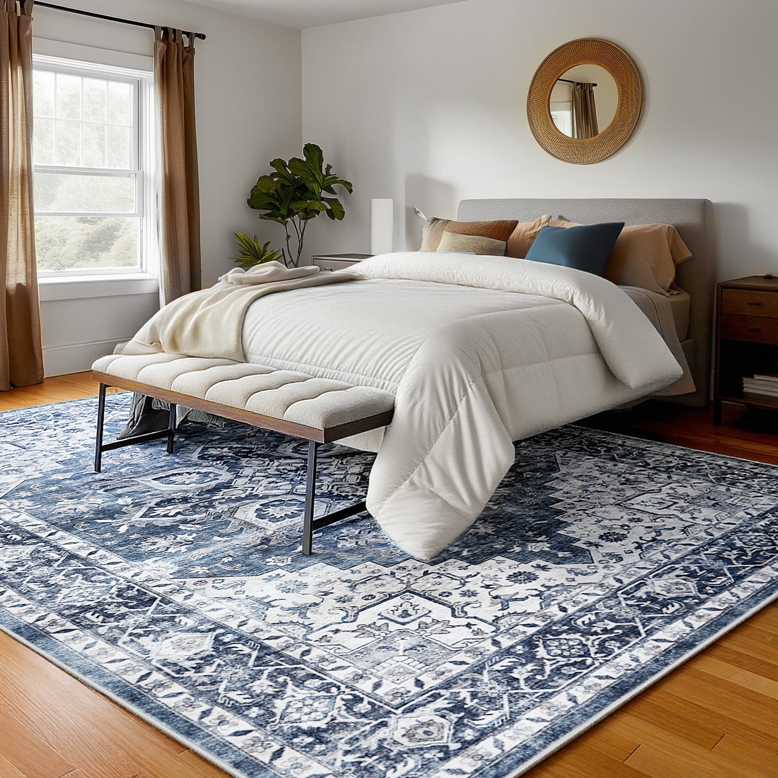 CHITOOMA Vintage Area Rug for Living Room, Machine Washable Non-Slip Carpet (Blue, 8 ft x 10 ft) 2td38