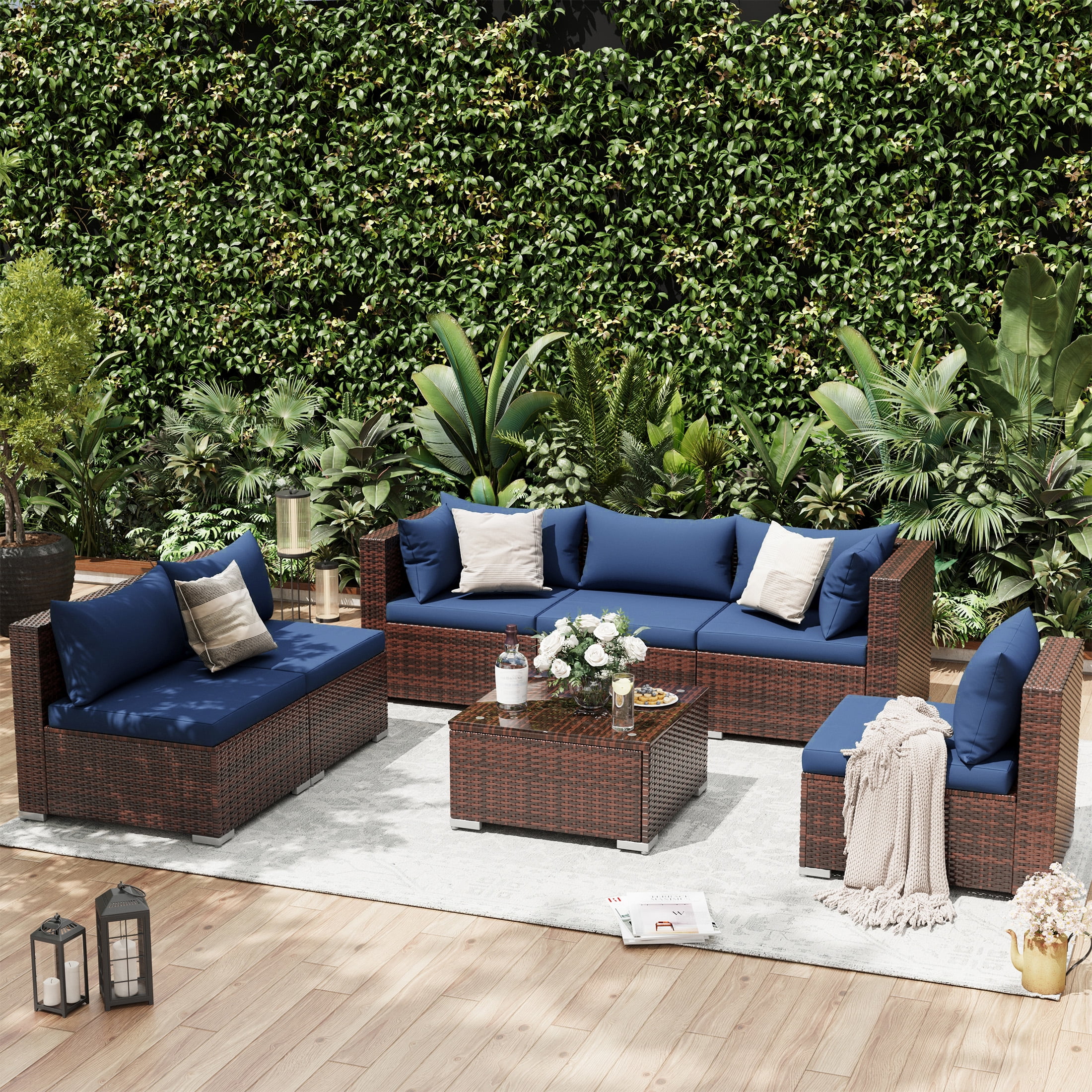 UDPATIO 7-Piece Wicker Modular Sectional Outdoor Conversation Set with Glass Coffee Table (Blue) 9nbg0 - Image 3