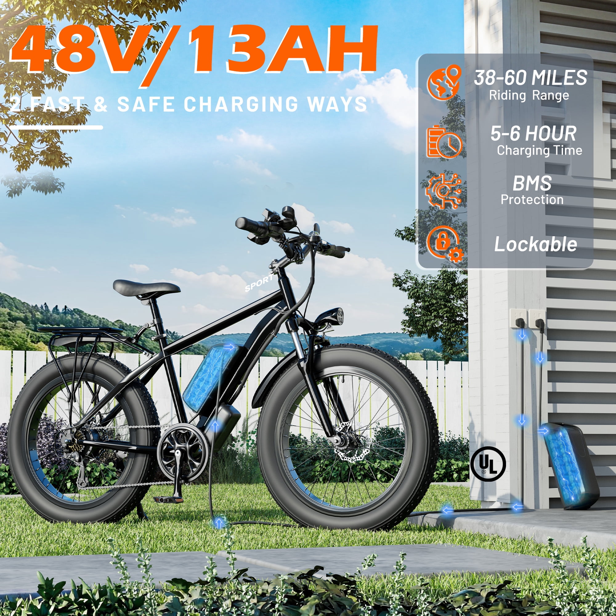 Dnyker Electric Mountain Bike, 26 in Fat Tire E-Bike, 1500W Motor, 48V 13AH Battery, 7-Speed Off-Road Commuter (Black, 26 in) blrbe