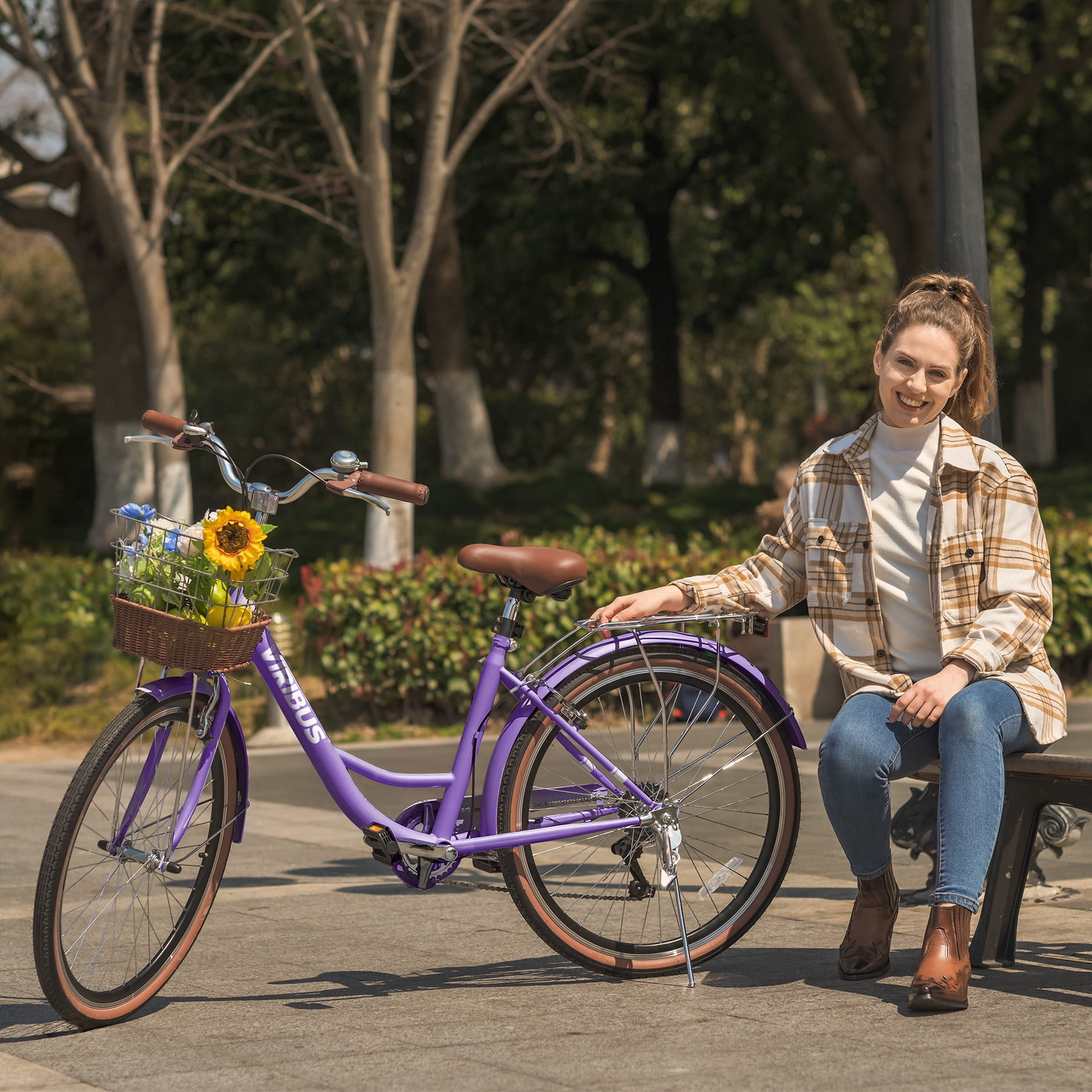 Viribus 24 in Women's Cruiser Bike, 7-Speed Beach and City Bicycle with Basket and Rack (Purple, 24 in) wzbic