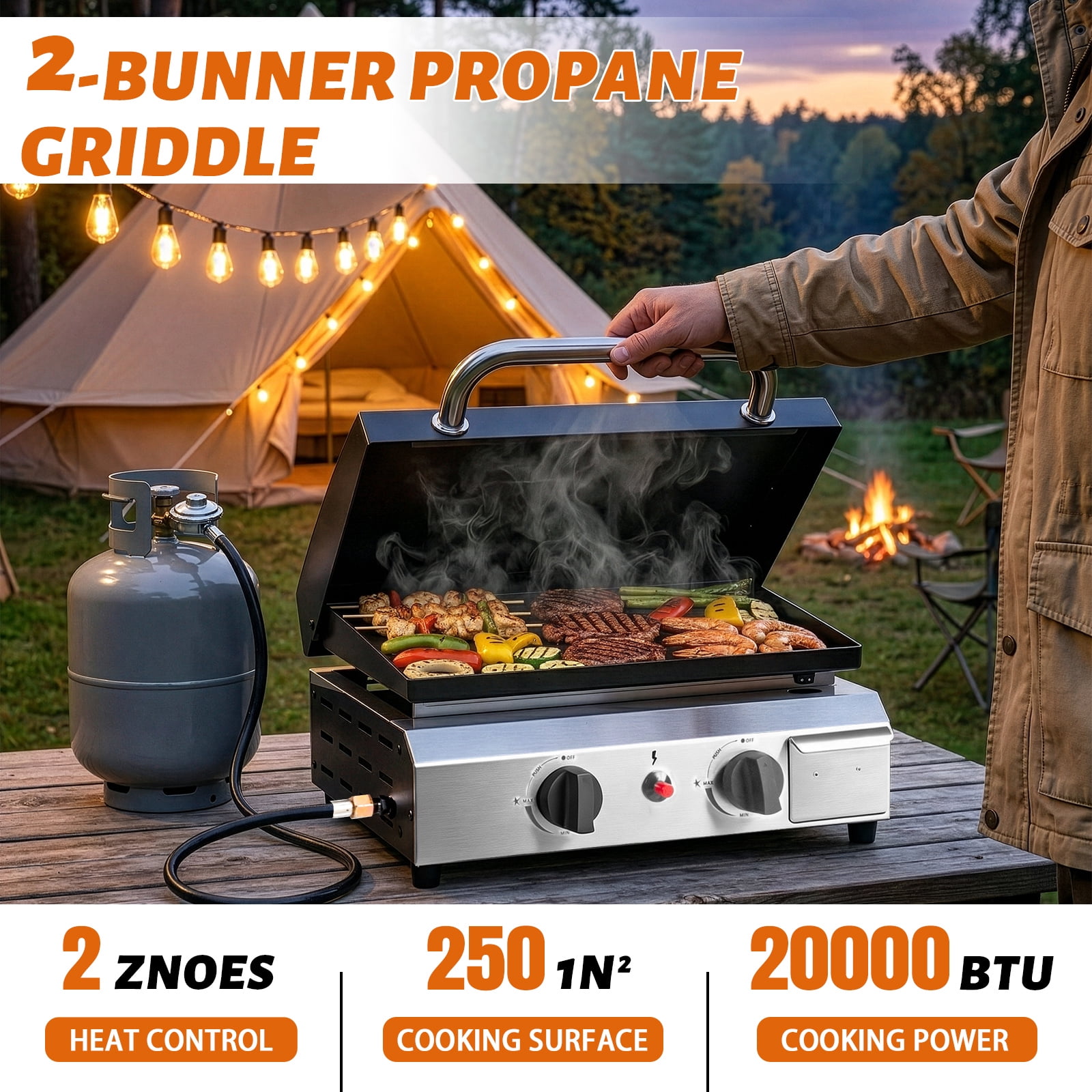 Ktaxon 2-Burner Propane Flat Top Gas Griddle with Lid and Ceramic Coated Cast Iron Pan (Black, 18.5 in x 11.5 in x 15.5 in) 97gib