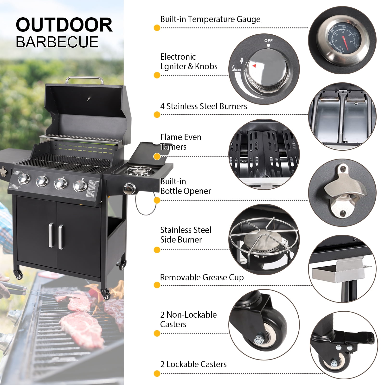 BETISEF 4-Burner Propane Gas Grill with Side Burner and Side Table (Black, 52 in x 16.7 in x 42 in) d3y9z