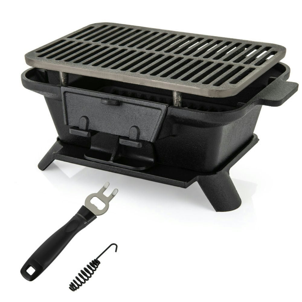 Aimee Lii Cast Iron Hibachi Grill, Portable Charcoal BBQ for Outdoor Cooking (Black, 16 in x 11 in x 7 in) 522qj