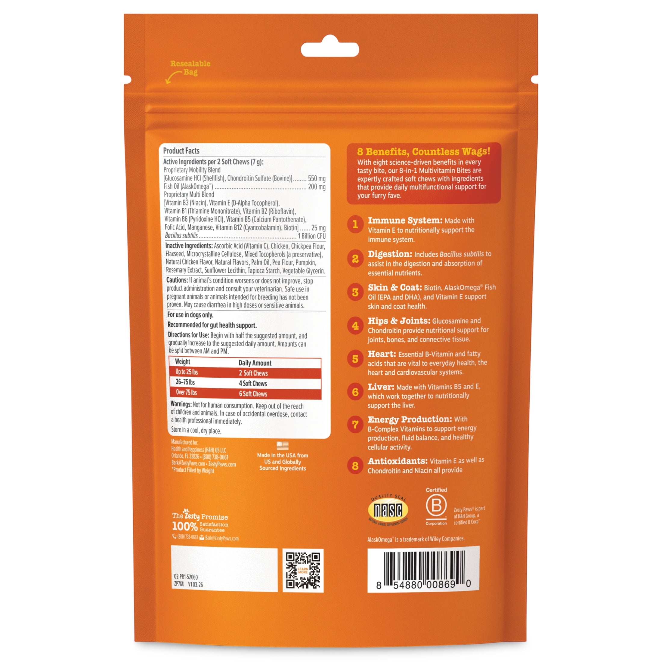 Zesty Paws 8-in-1 Multivitamin Bites Chicken Flavor Dog Supplement (60 Count) sgzp8