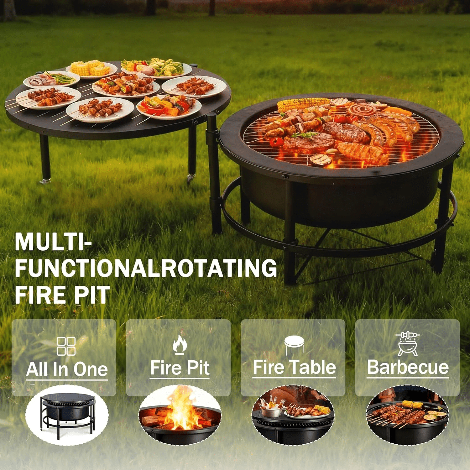 TMWINGS Outdoor Fire Pit with BBQ Grill and Rotating Table (Black, 56 in) 7enjl