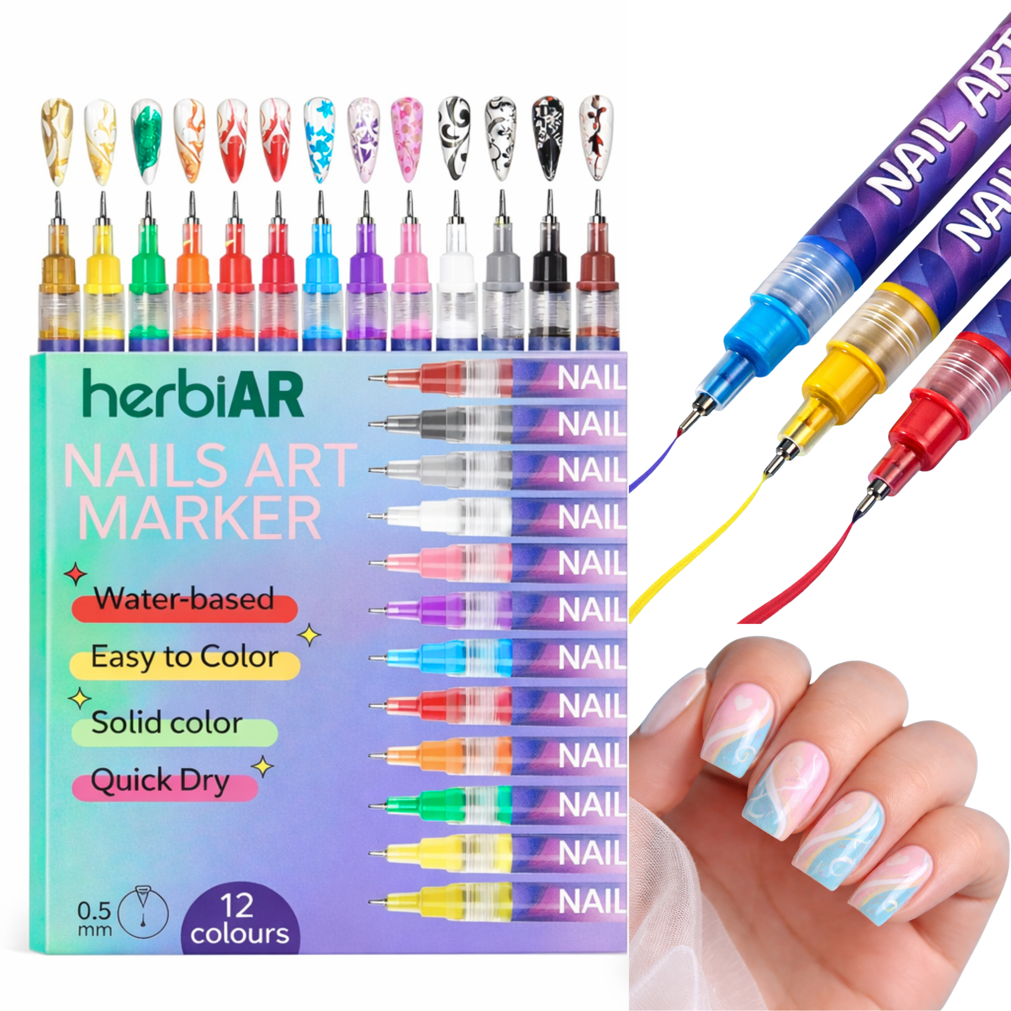 Herbiar 3D Nail Art Pen Set (12 Colors, 0.5mm Fine Tip) Waterproof DIY Manicure Design Markers k734u