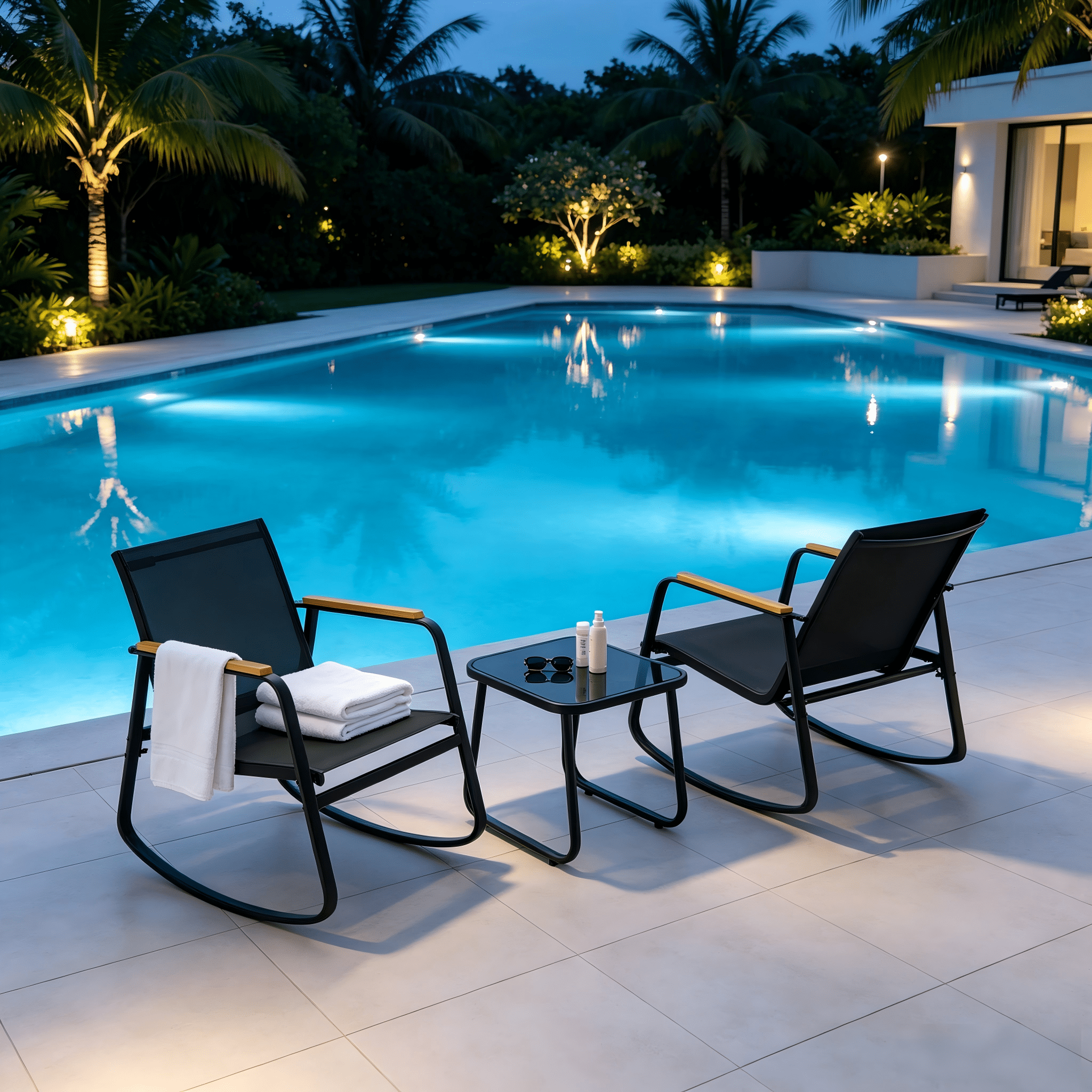 Lofka 3 Piece Patio Furniture Set, All-Weather Teslin Outdoor Rocking Chair Set with Tempered Glass Coffee Table (Black, 3 Piece Set) 649ri