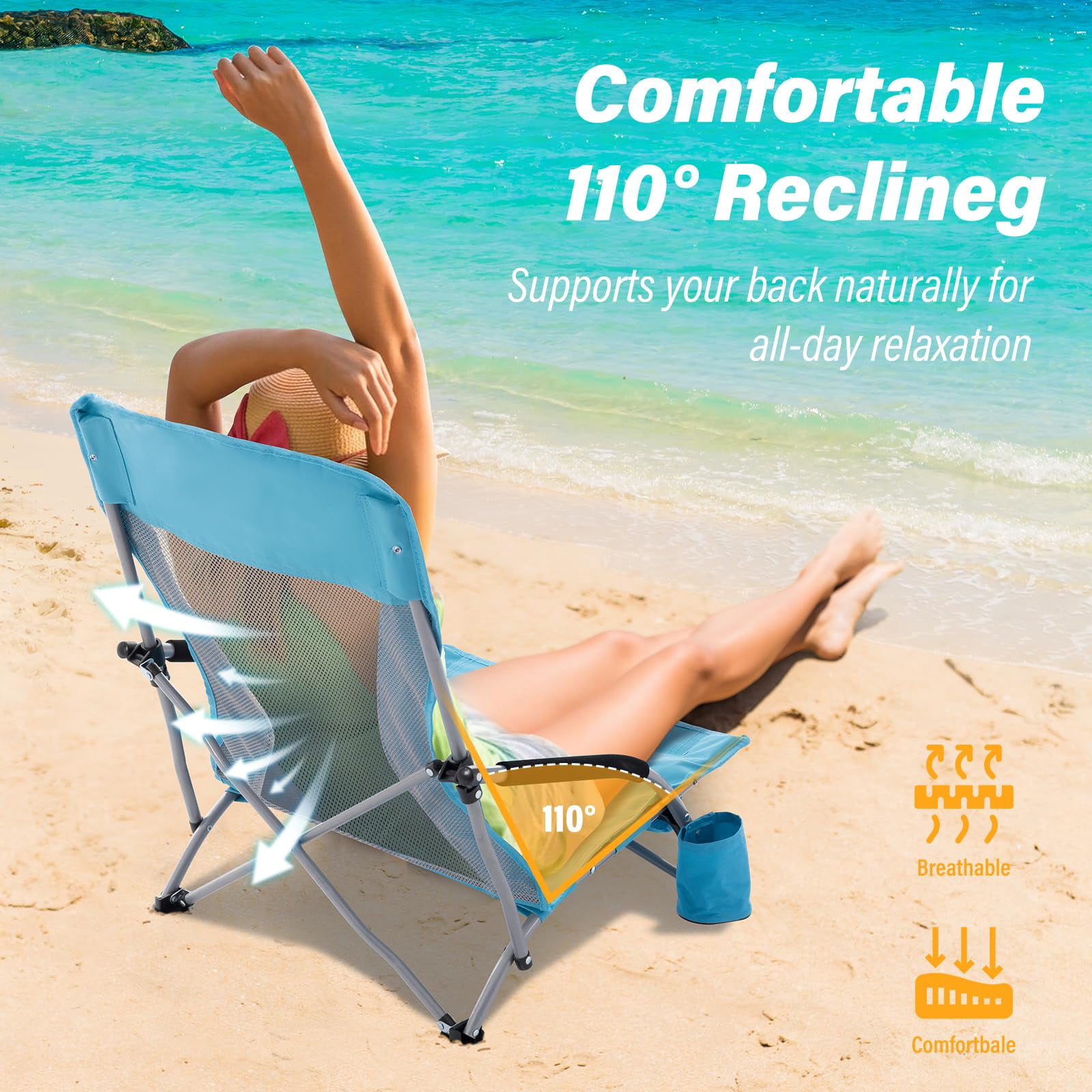 Umineux Folding Beach Chair for Adults, Portable Lightweight Outdoor Seat with Cup Holder (Light Blue, 22 in x 19.7 in x 27.5 in) tuui1