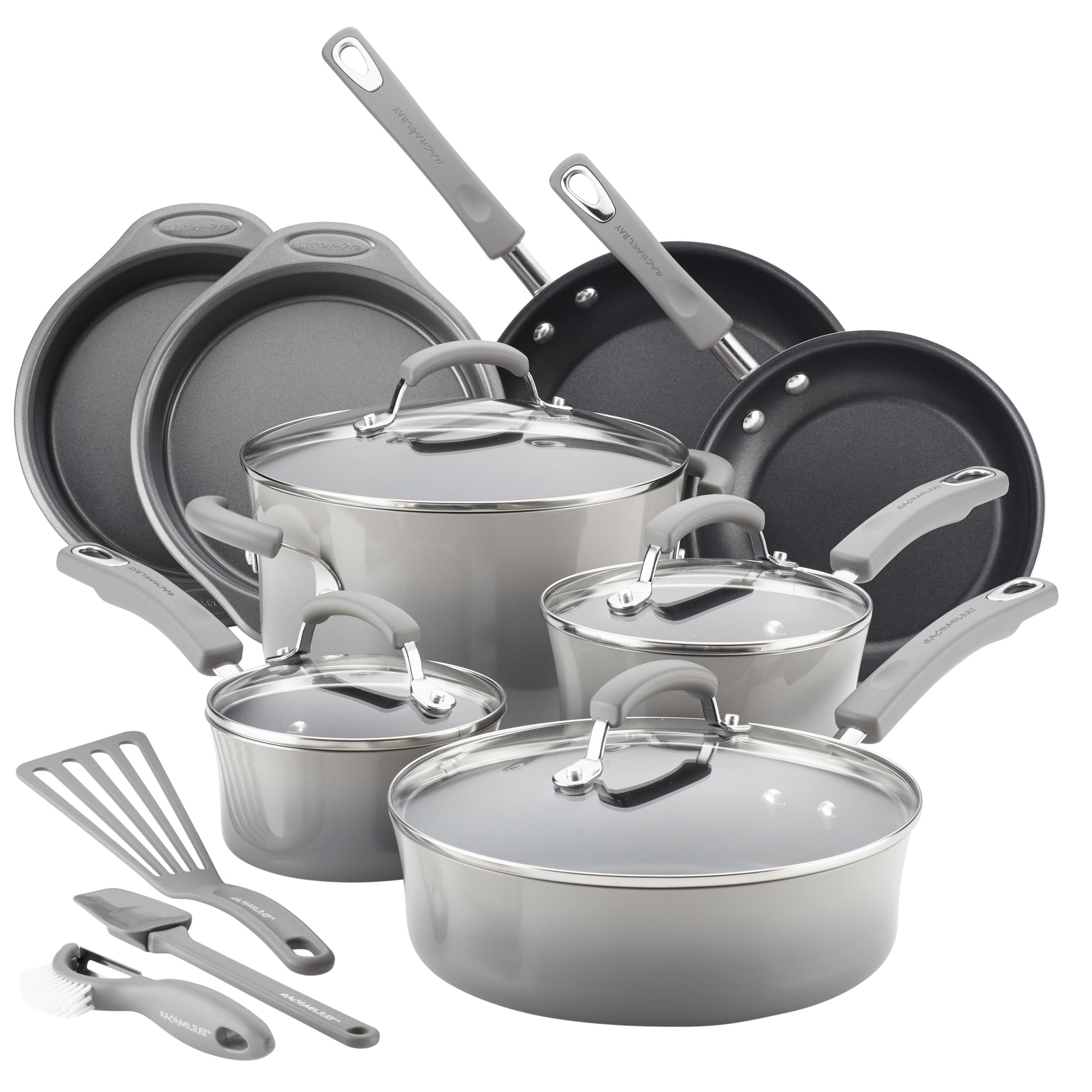 Rachael Ray 15 Piece Hard Enamel Nonstick Cookware Set (Gray, 15 Piece) phfly