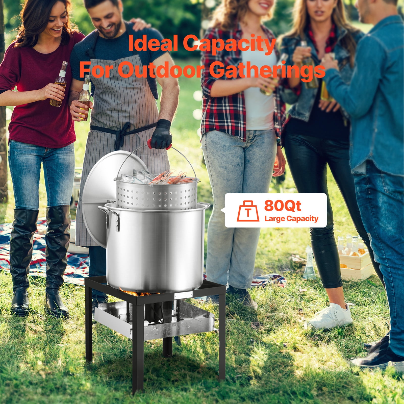 KFFKFF 80 Qt Seafood Boiling Pot Set with Propane Burner, Outdoor Culinary Kit for Crawfish and Turkey (Silver, 80 Qt) ngbaz