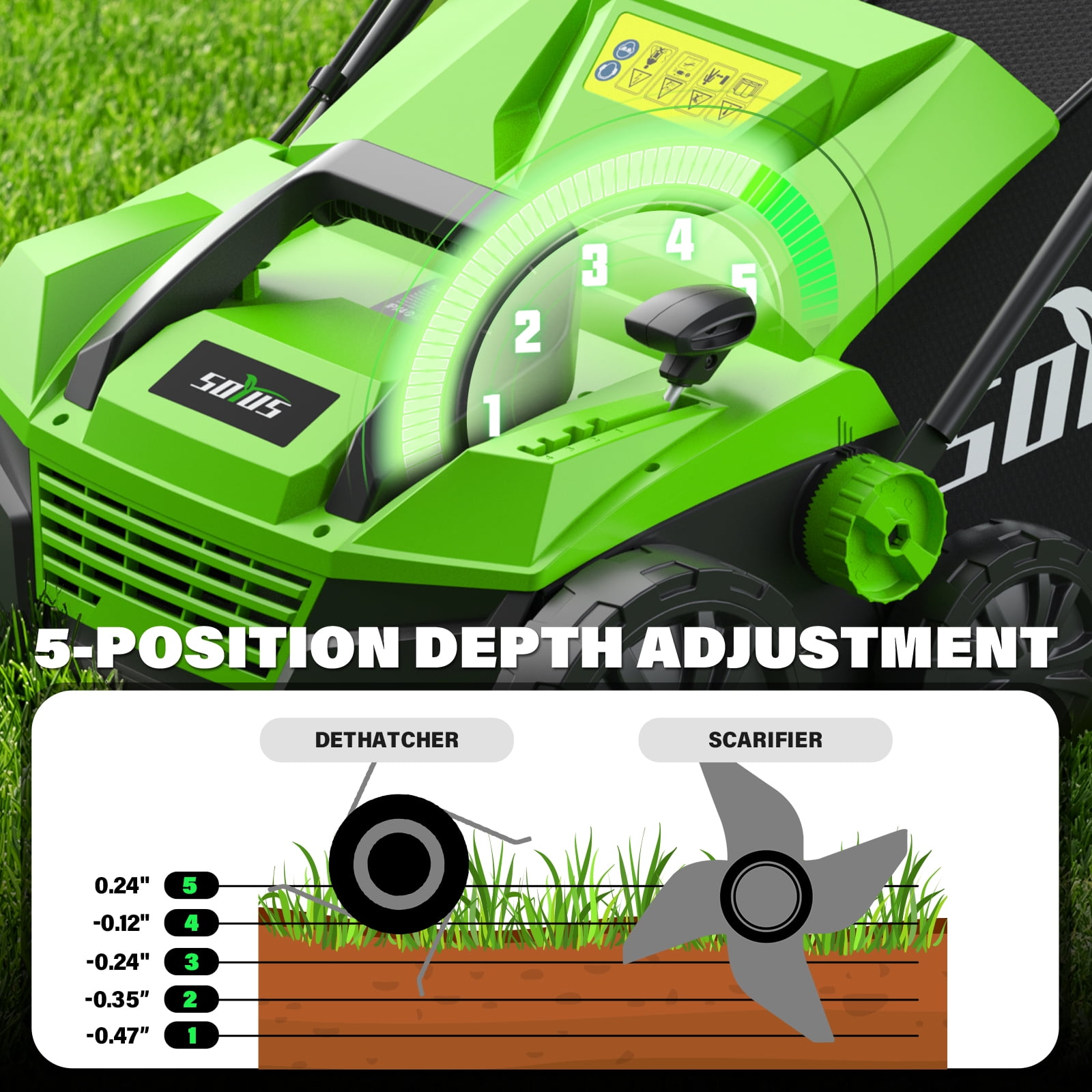 SOYUS 15-Inch 13-Amp Electric Dethatcher and Scarifier with Collection Bag (Green, 11.89 gal) aipw8