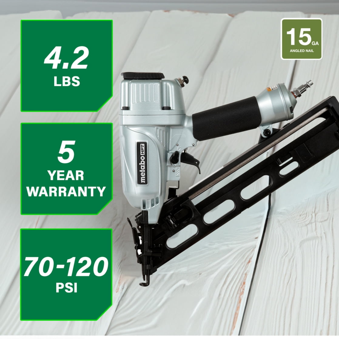Metabo HPT Pneumatic 15-Gauge Angled Finish Nailer (NT65MA4, 1.25 in to 2.5 in) 44m6p