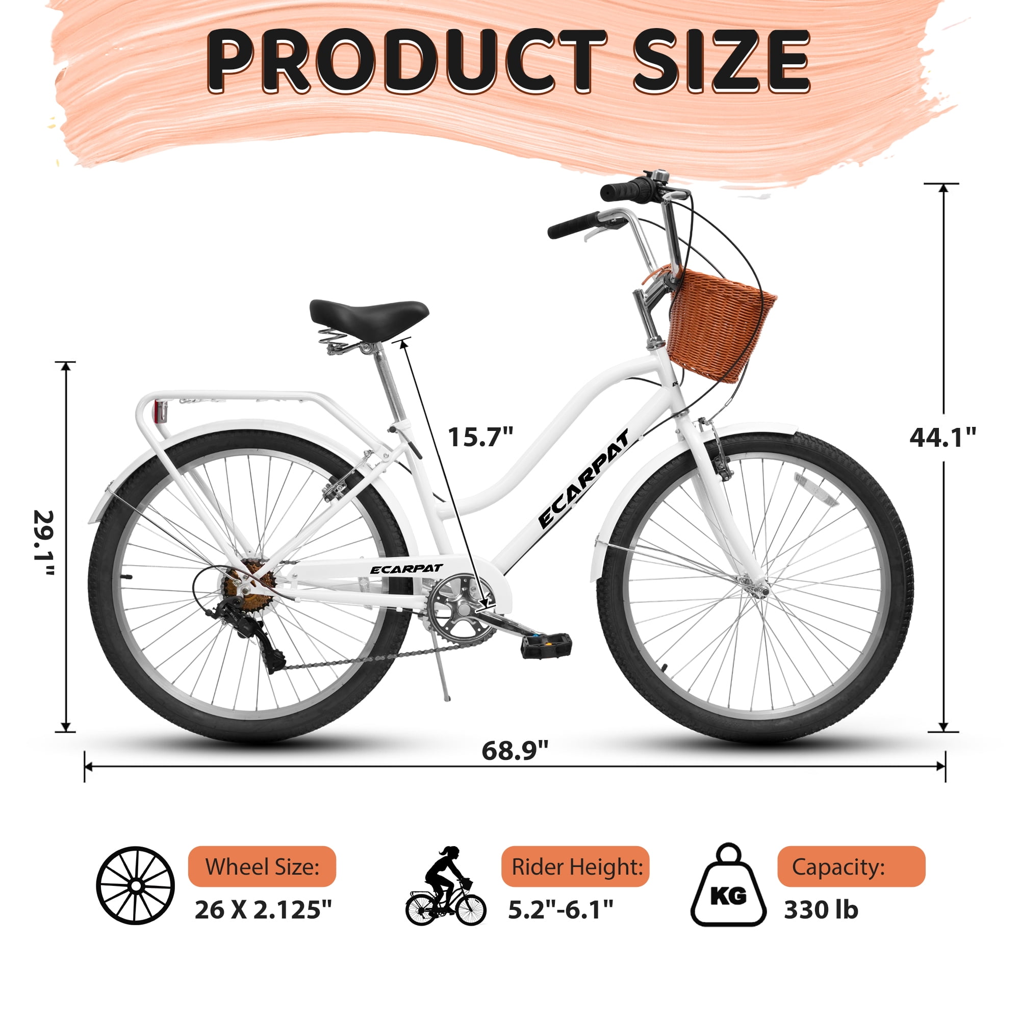 Ecarpat 26 Inch Beach Cruiser Bike for Women, 7 Speed Commuter Bicycle with Dual V-Brakes, Rear Rack and Basket (White, 26 in) 1akff